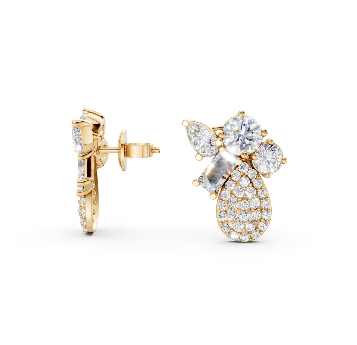 Full view of Modern Teardrop Cluster Diamond Earrings in 18K yellow gold with 2.368 ct lab-grown diamonds, displaying the complete intricate cluster against a white background.