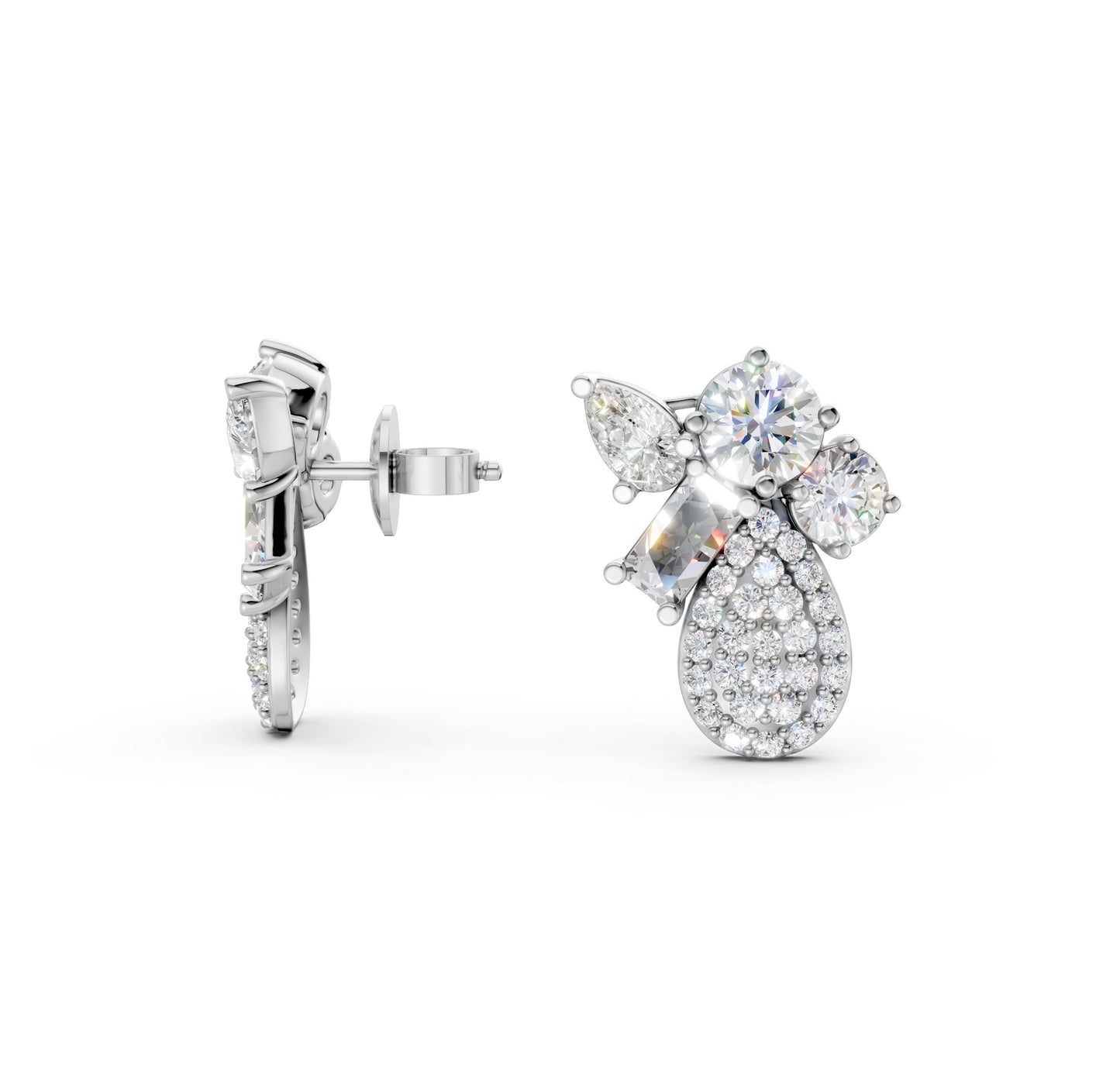 Full view of Modern Teardrop Cluster Diamond Earrings in 18K white gold with 2.368 ct lab-grown diamonds, displaying the complete intricate cluster against a white background.