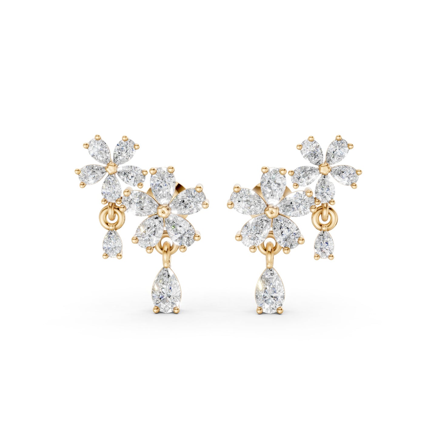 Front view of Floral Cascade Diamond Earrings in 18K yellow gold, showcasing 3.20 ct lab-grown pear-shaped diamonds in layered blossom clusters for vibrant, avant-garde elegance.
