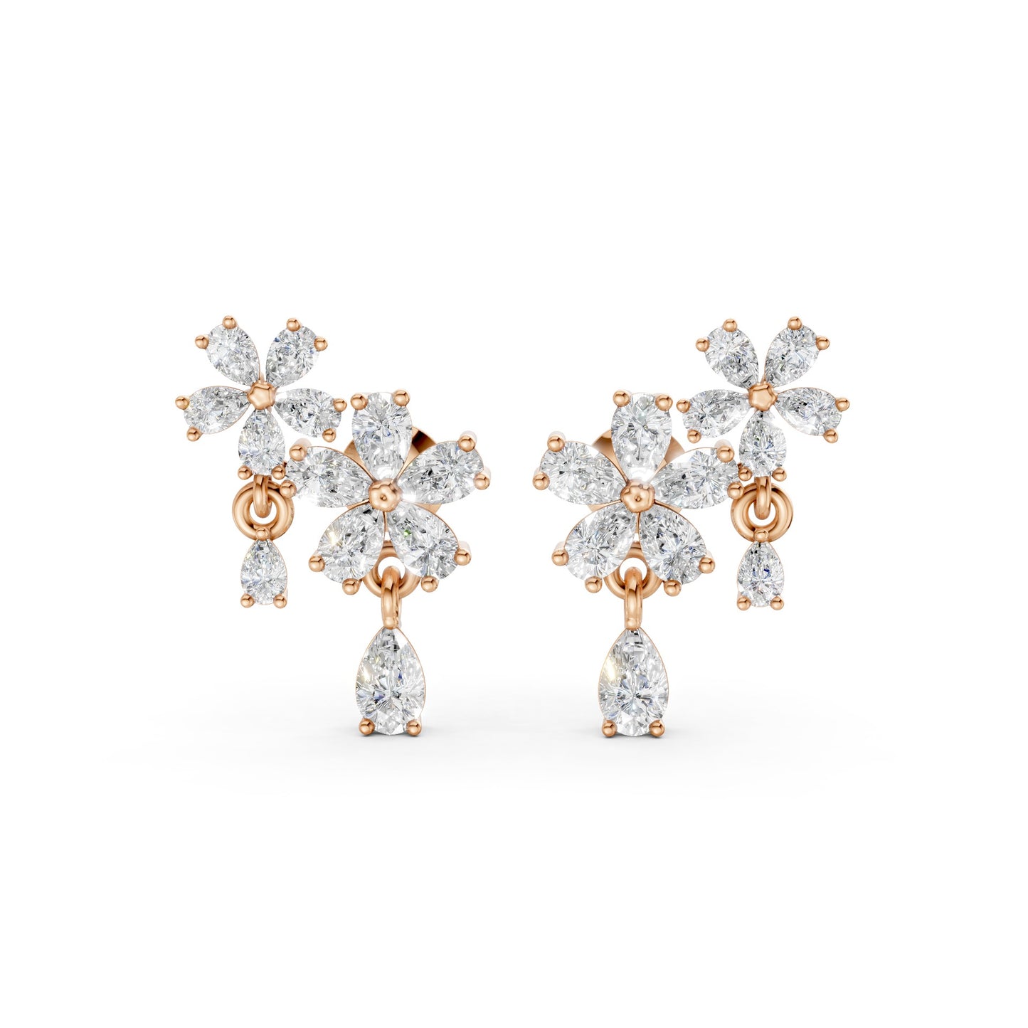 Front view of Floral Cascade Diamond Earrings in 18K rose gold, showcasing 3.20 ct lab-grown pear-shaped diamonds in layered blossom clusters for warm, avant-garde elegance.