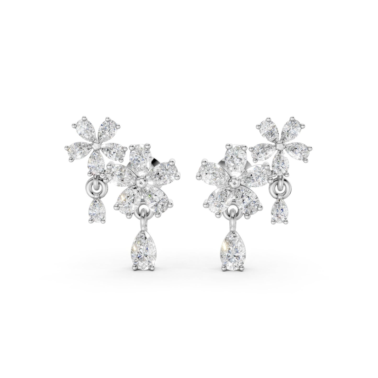 Front view of Floral Cascade Diamond Earrings in 18K white gold, showcasing 3.20 ct lab-grown pear-shaped diamonds in layered blossom clusters for cool, avant-garde elegance.
