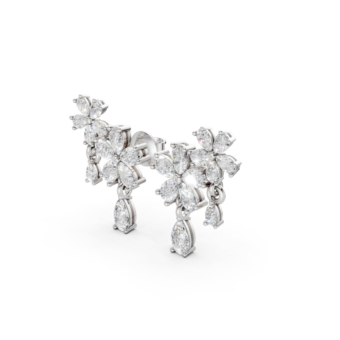 Side view of Floral Cascade Diamond Earrings in 18K white gold, highlighting the dimensional profile and graceful drop of 3.20 ct lab-grown pear-shaped diamonds.