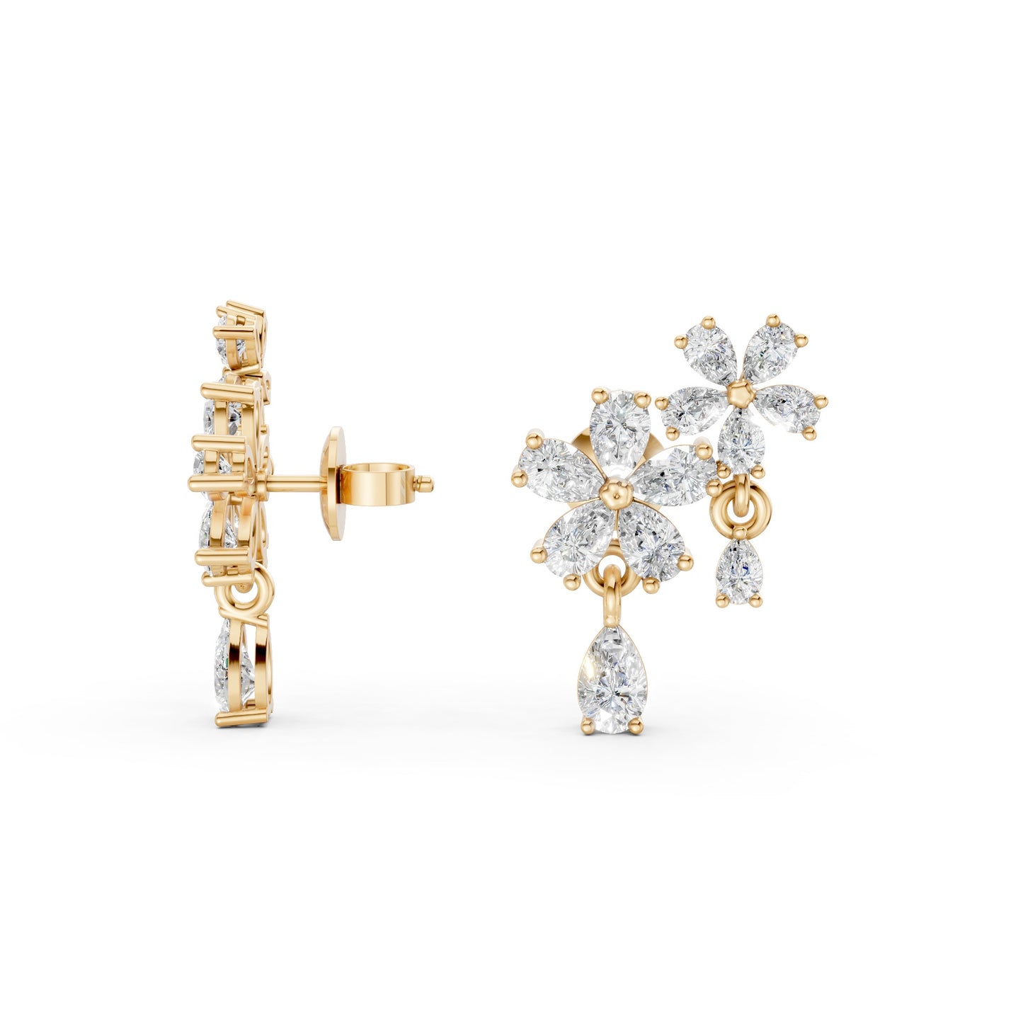 Full view of Floral Cascade Diamond Earrings in 18K yellow gold with 3.20 ct lab-grown diamonds, displaying the complete layered blossom design against a white background.