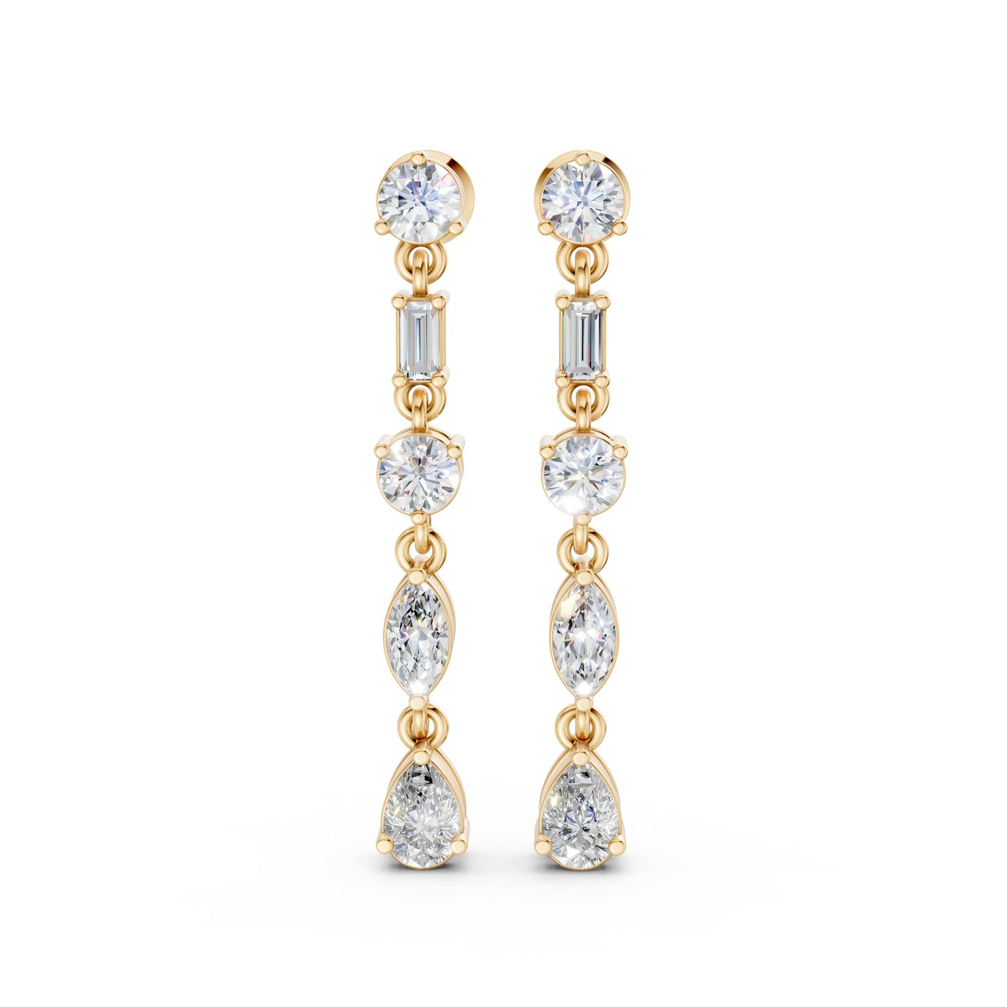 Front view of Linear Radiance Drop Earrings in 18K yellow gold, showcasing 1.80 ct lab-grown diamonds in round, marquise, baguette, and pear shapes for vibrant, refined motion.