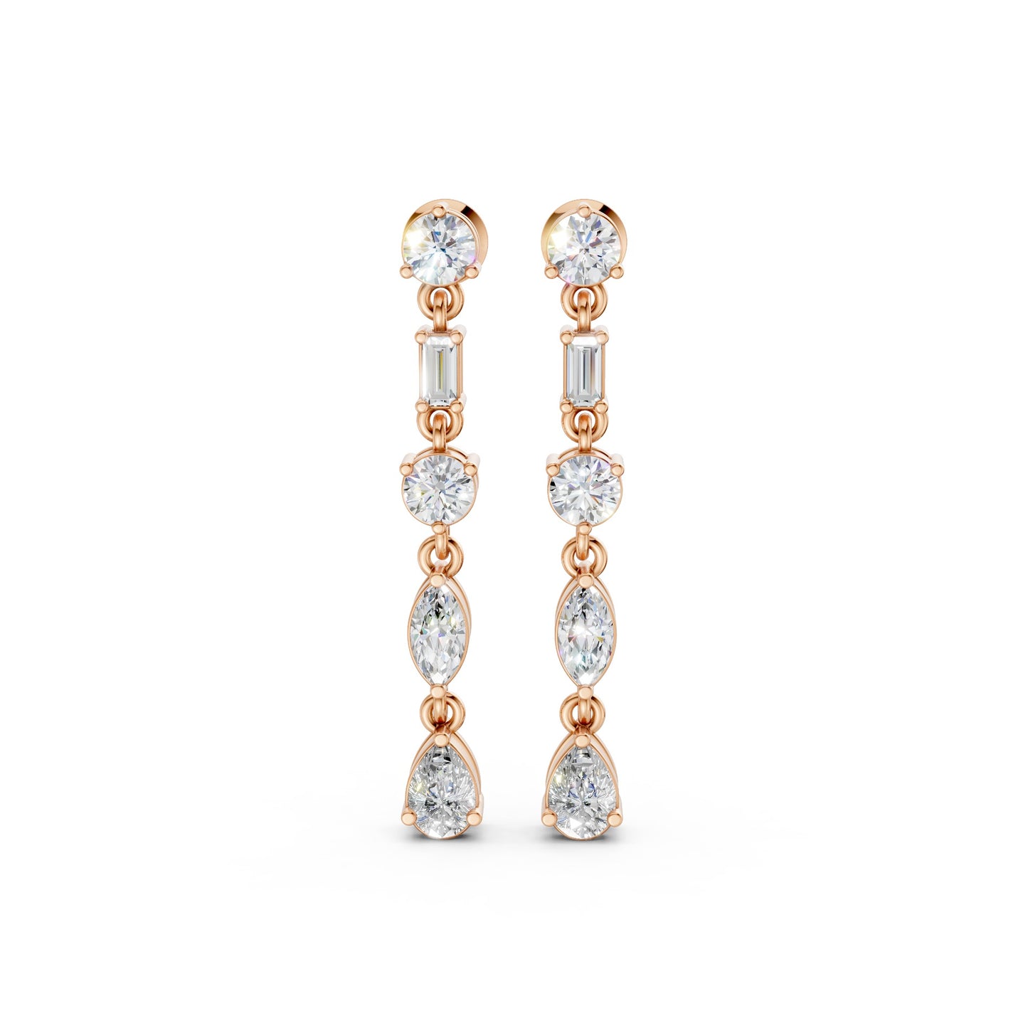 Front view of Linear Radiance Drop Earrings in 18K rose gold, showcasing 1.80 ct lab-grown diamonds in round, marquise, baguette, and pear shapes for warm, refined motion.