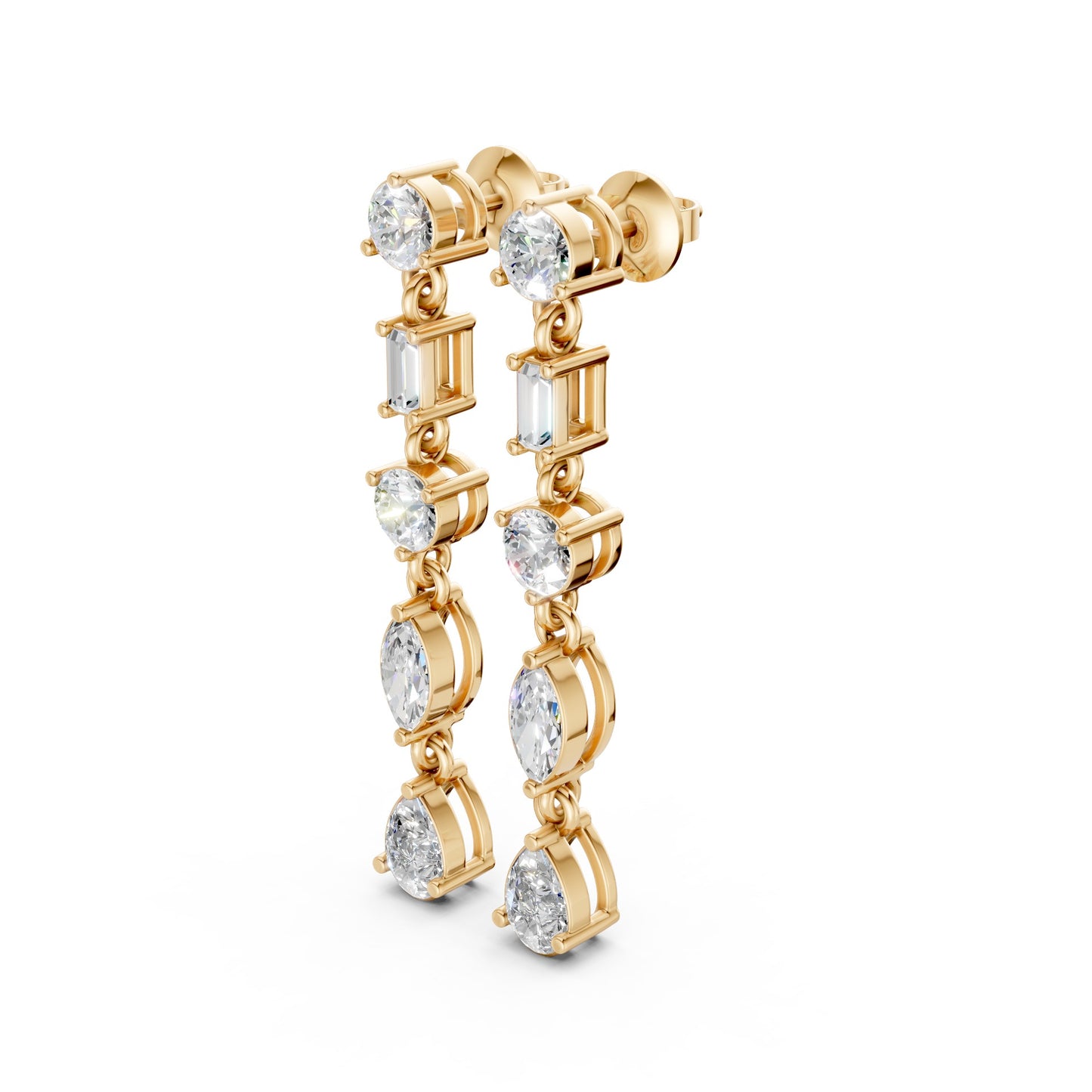 Side view of Linear Radiance Drop Earrings in 18K yellow gold, highlighting the sleek profile and graceful descent of 1.80 ct lab-grown diamonds.