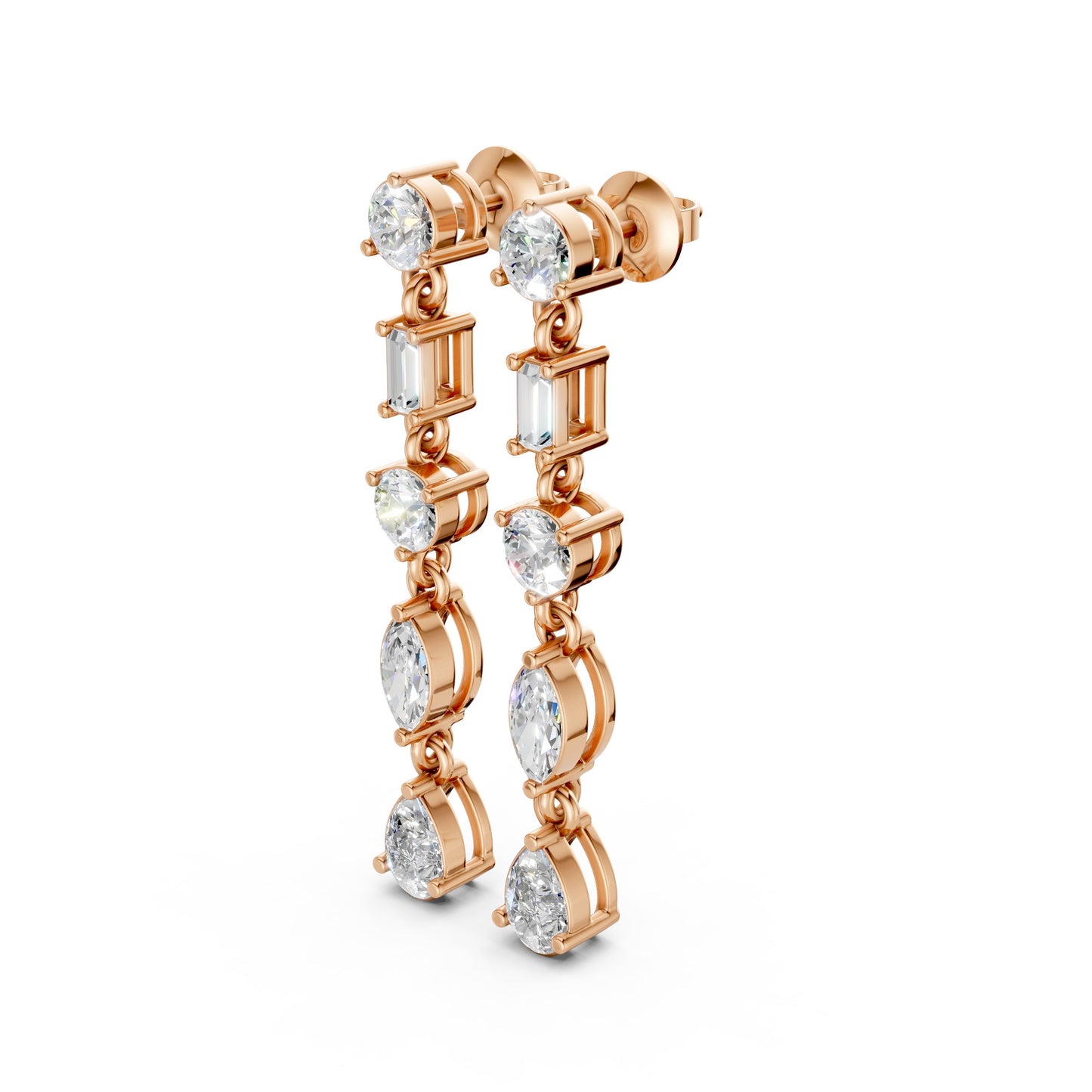 Side view of Linear Radiance Drop Earrings in 18K rose gold, highlighting the sleek profile and graceful descent of 1.80 ct lab-grown diamonds.