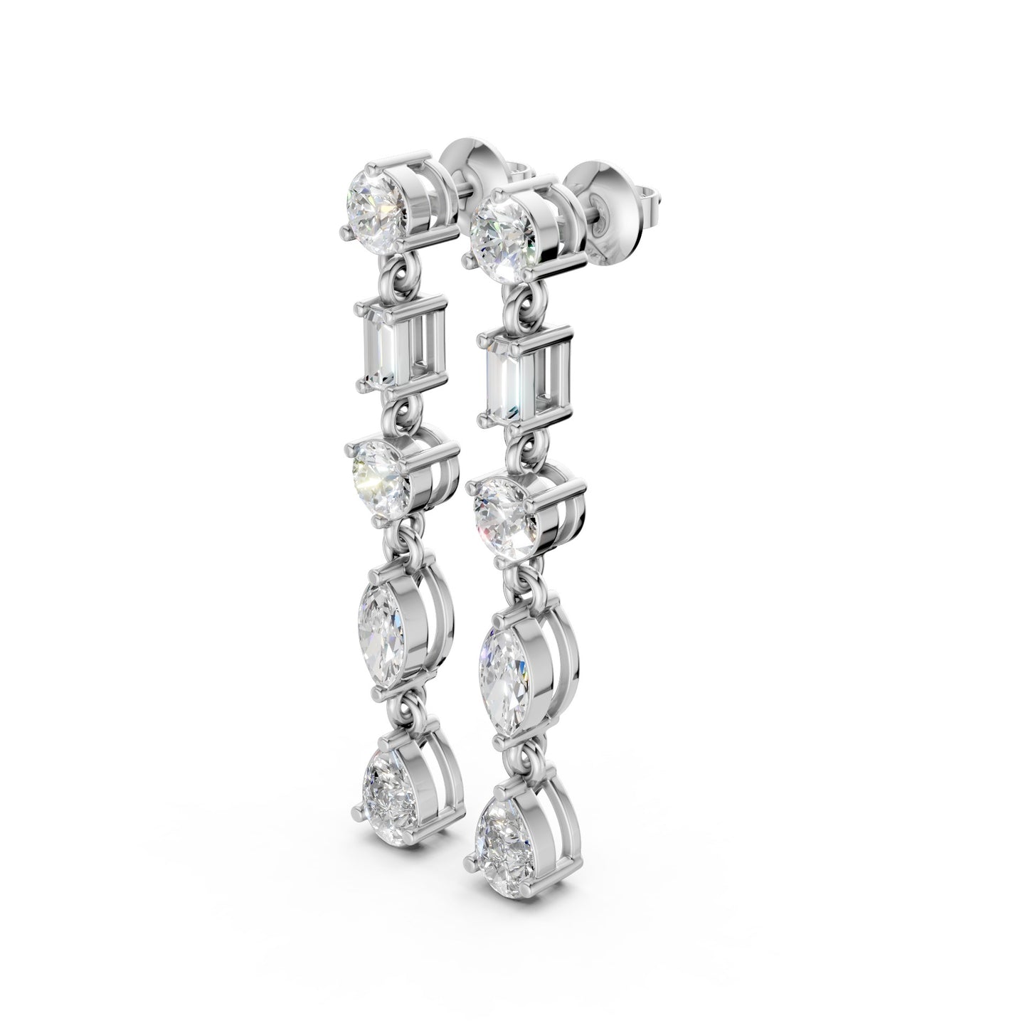 Side view of Linear Radiance Drop Earrings in 18K white gold, highlighting the sleek profile and graceful descent of 1.80 ct lab-grown diamonds.