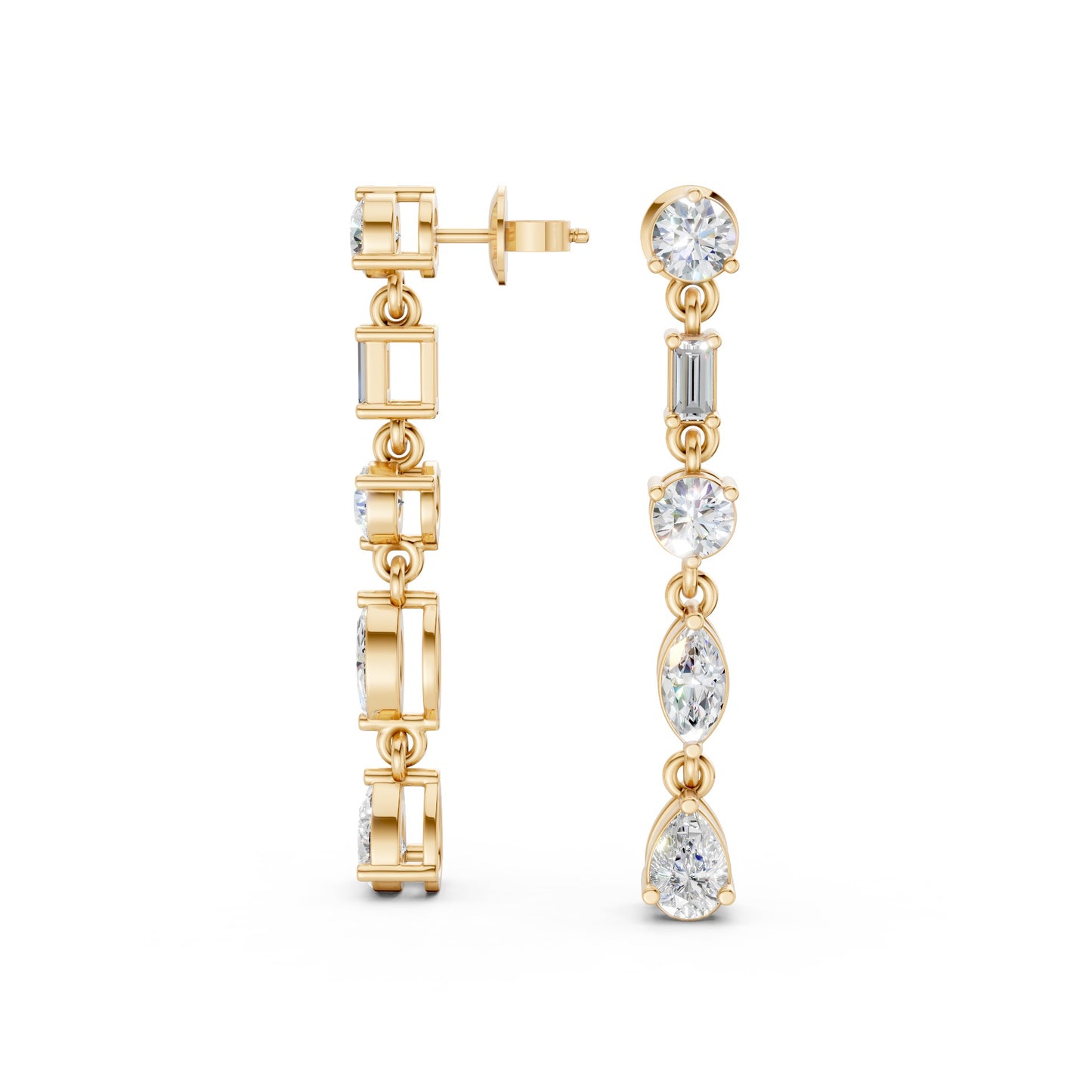 Full view of Linear Radiance Drop Earrings in 18K yellow gold with 1.80 ct lab-grown diamonds, displaying the complete modern sequence design against a white background.