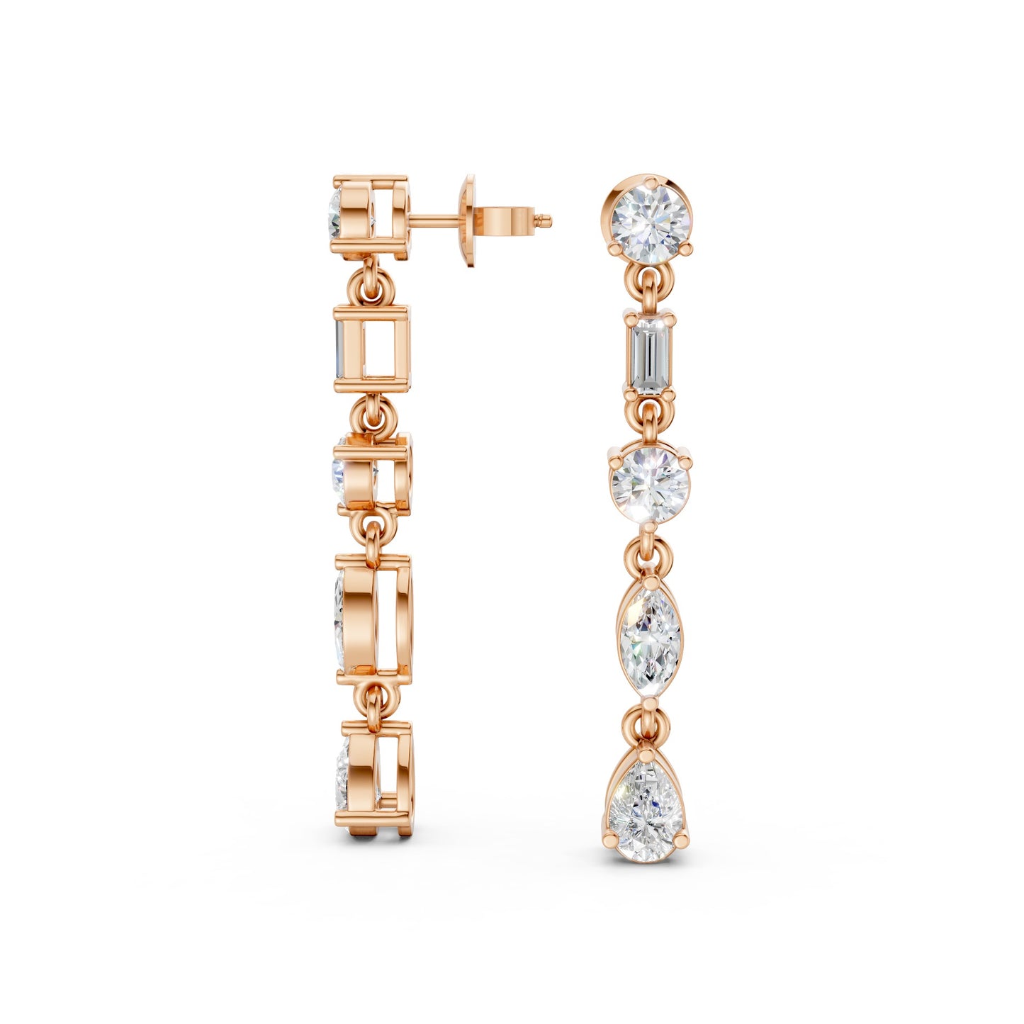 Full view of Linear Radiance Drop Earrings in 18K rose gold with 1.80 ct lab-grown diamonds, displaying the complete modern sequence design against a white background.