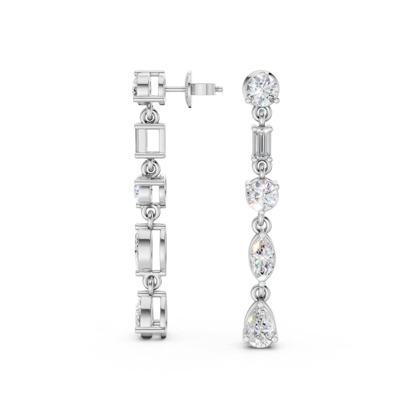 Full view of Linear Radiance Drop Earrings in 18K white gold with 1.80 ct lab-grown diamonds, displaying the complete modern sequence design against a white background.