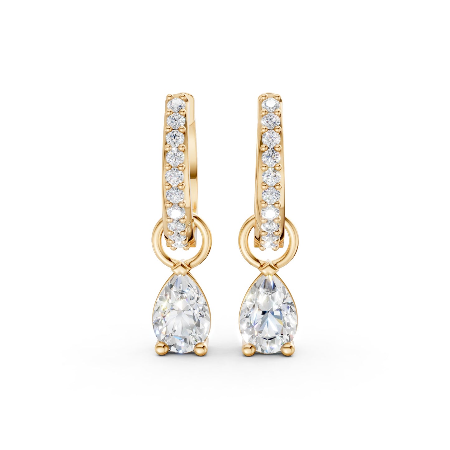 Front view of Pear Drop Huggie Earrings in 18K yellow gold, showcasing 0.50 ct lab-grown diamonds in a delicate hoop with pear-shaped drop for vibrant, everyday elegance.