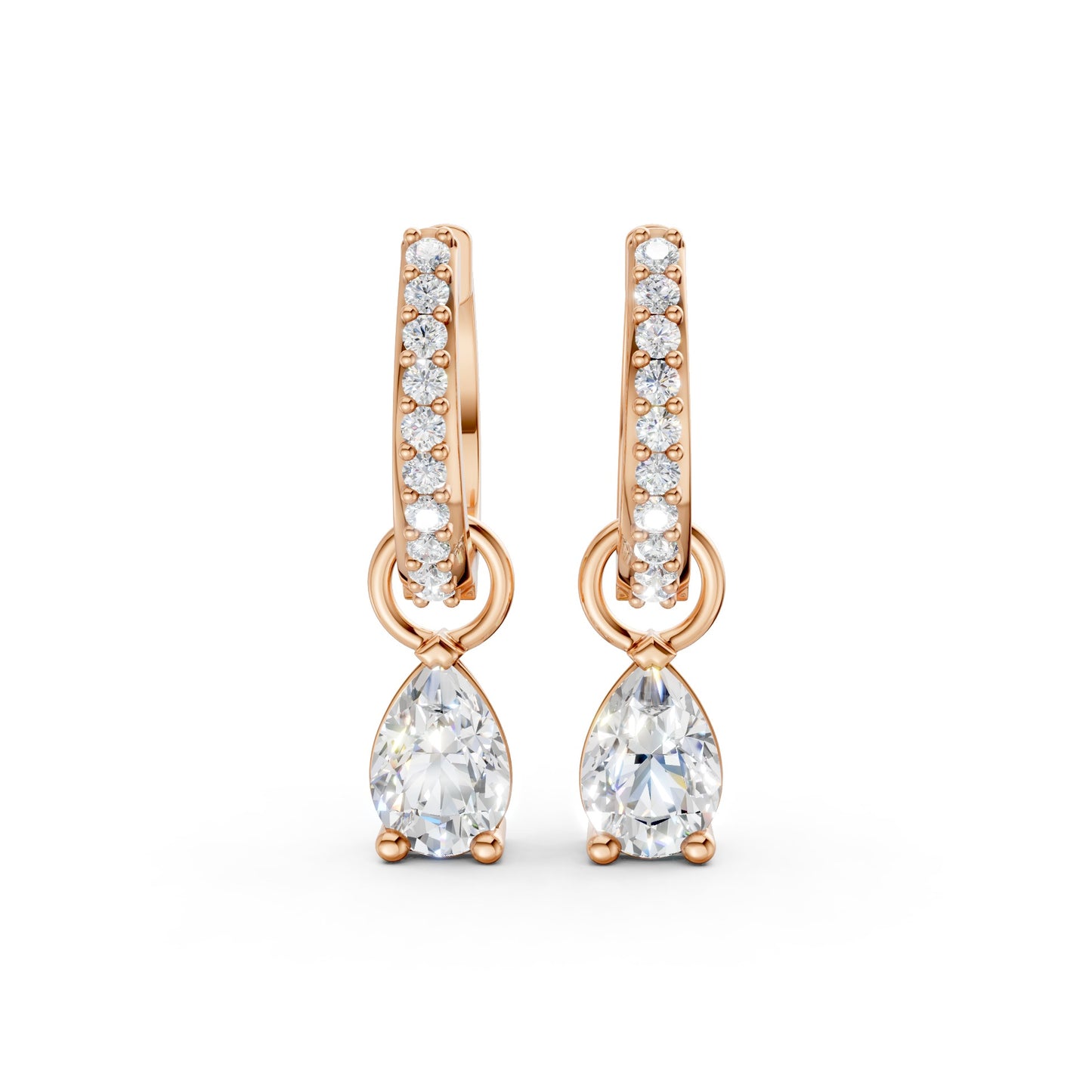 Front view of Pear Drop Huggie Earrings in 18K rose gold, showcasing 0.50 ct lab-grown diamonds in a delicate hoop with pear-shaped drop for warm, everyday elegance.