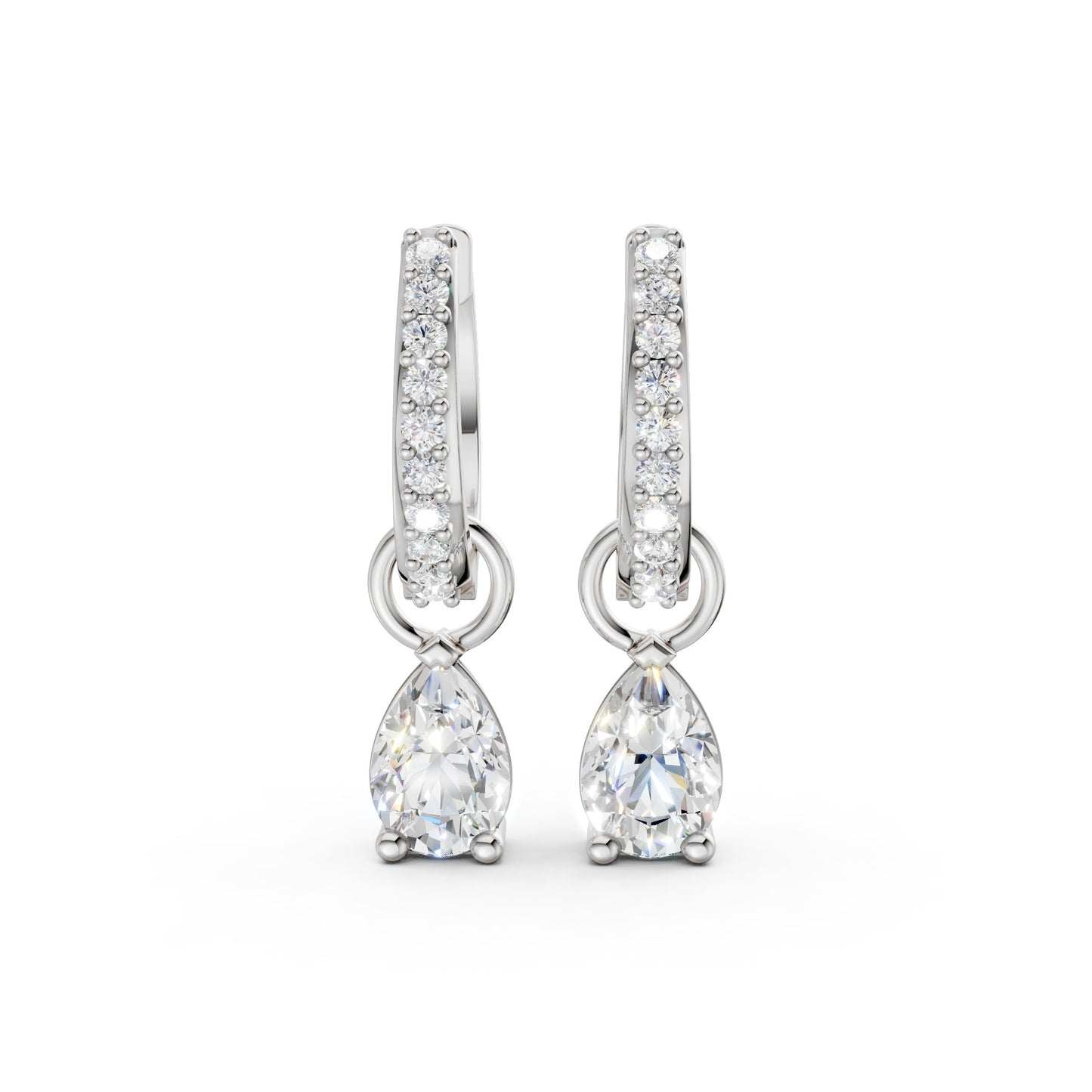 Front view of Pear Drop Huggie Earrings in 18K white gold, showcasing 0.50 ct lab-grown diamonds in a delicate hoop with pear-shaped drop for sleek, everyday elegance.