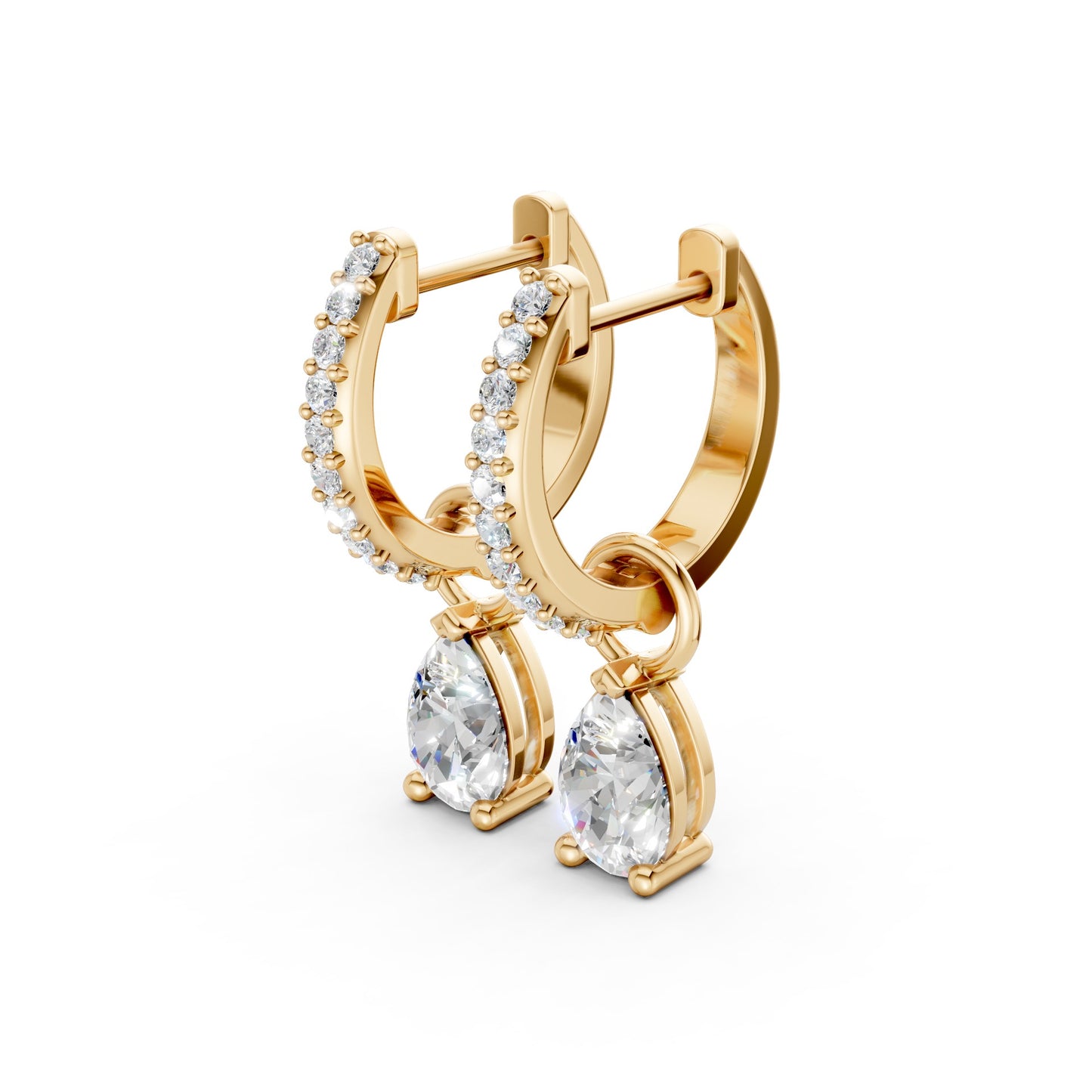 Side view of Pear Drop Huggie Earrings in 18K yellow gold, highlighting the sleek profile of the hoop and 0.50 ct lab-grown pear drop diamonds.