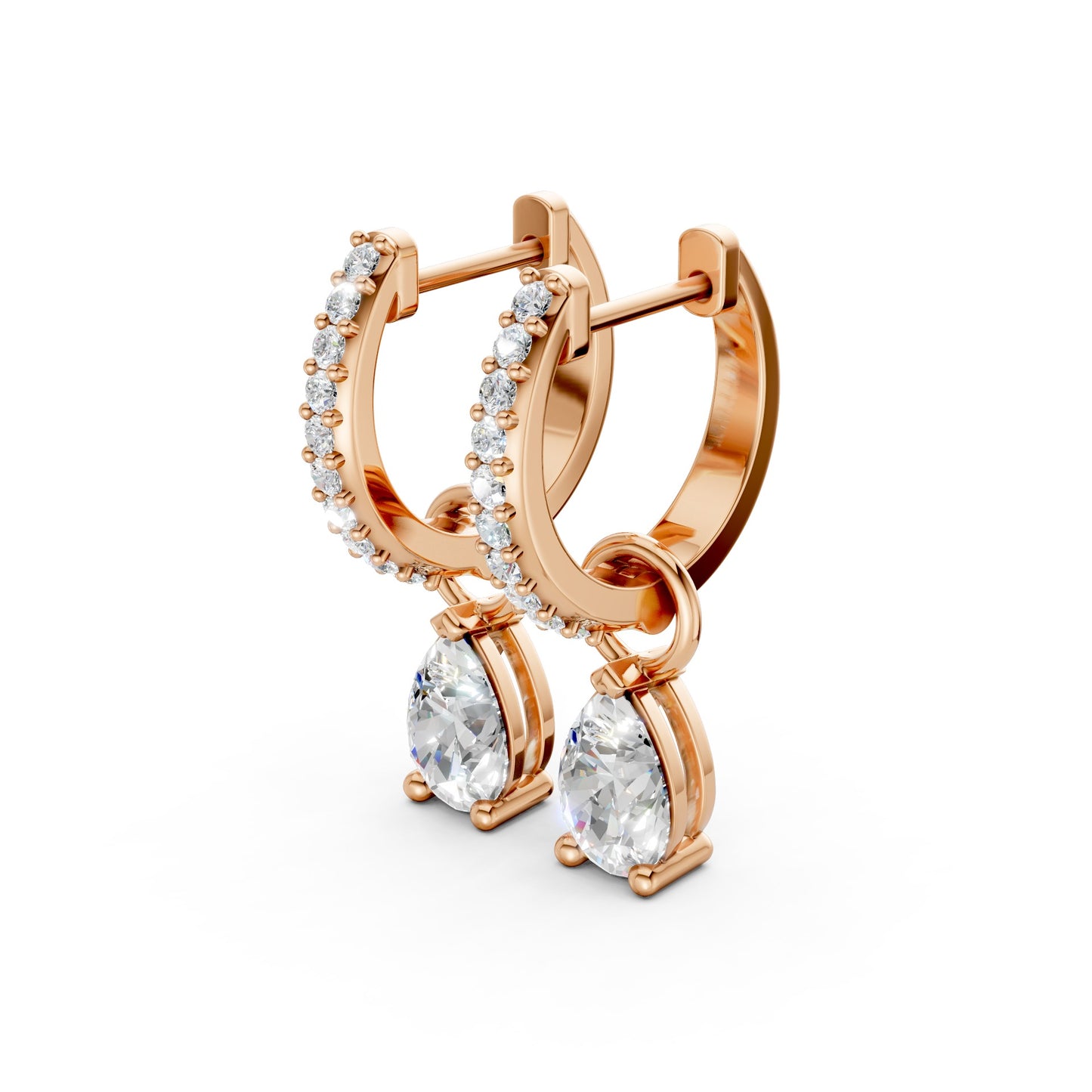 Side view of Pear Drop Huggie Earrings in 18K rose gold, highlighting the sleek profile of the hoop and 0.50 ct lab-grown pear drop diamonds.