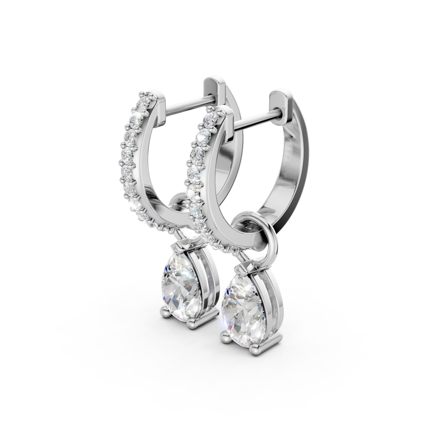 Side view of Pear Drop Huggie Earrings in 18K white gold, highlighting the sleek profile of the hoop and 0.50 ct lab-grown pear drop diamonds.