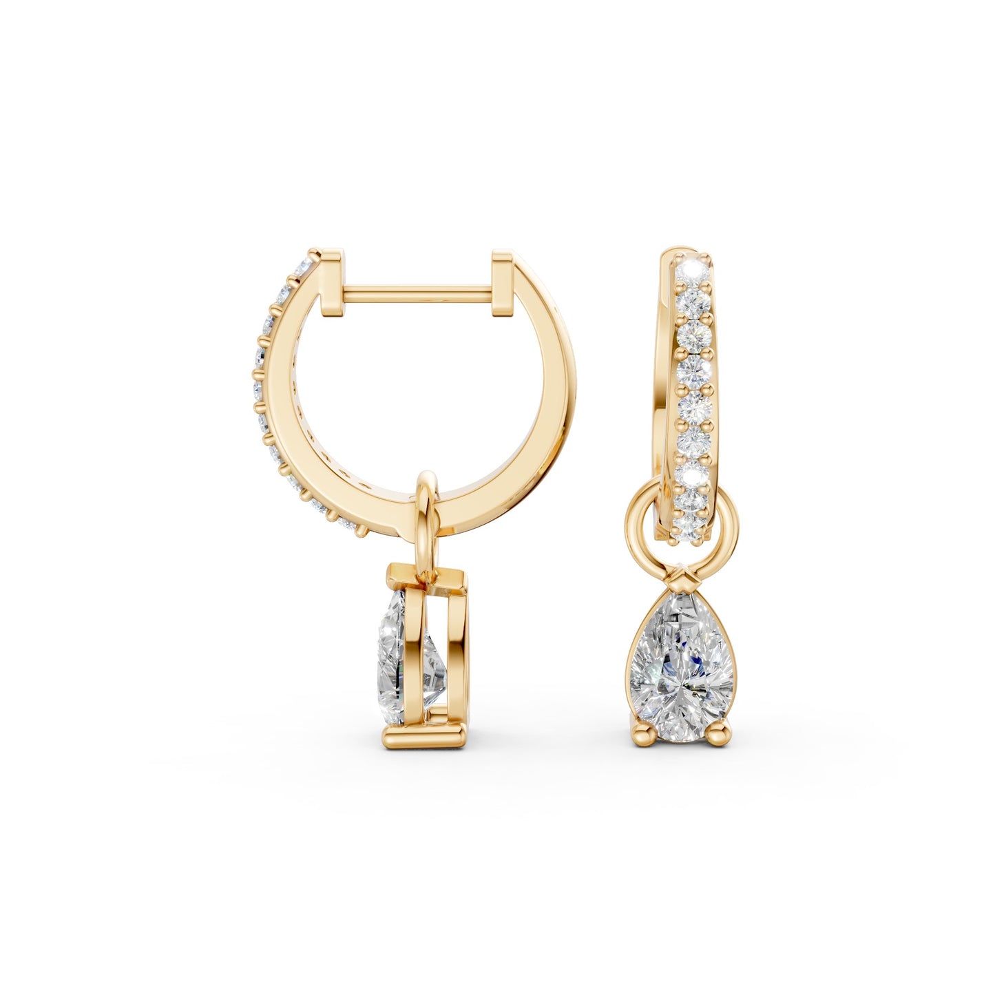 Full view of Pear Drop Huggie Earrings in 18K yellow gold with 0.50 ct lab-grown diamonds, displaying the complete refined hoop and pear drop design against a white background.