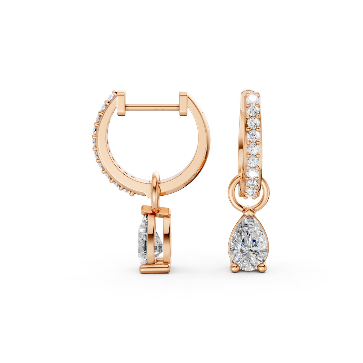 Full view of Pear Drop Huggie Earrings in 18K rose gold with 0.50 ct lab-grown diamonds, displaying the complete refined hoop and pear drop design against a white background.