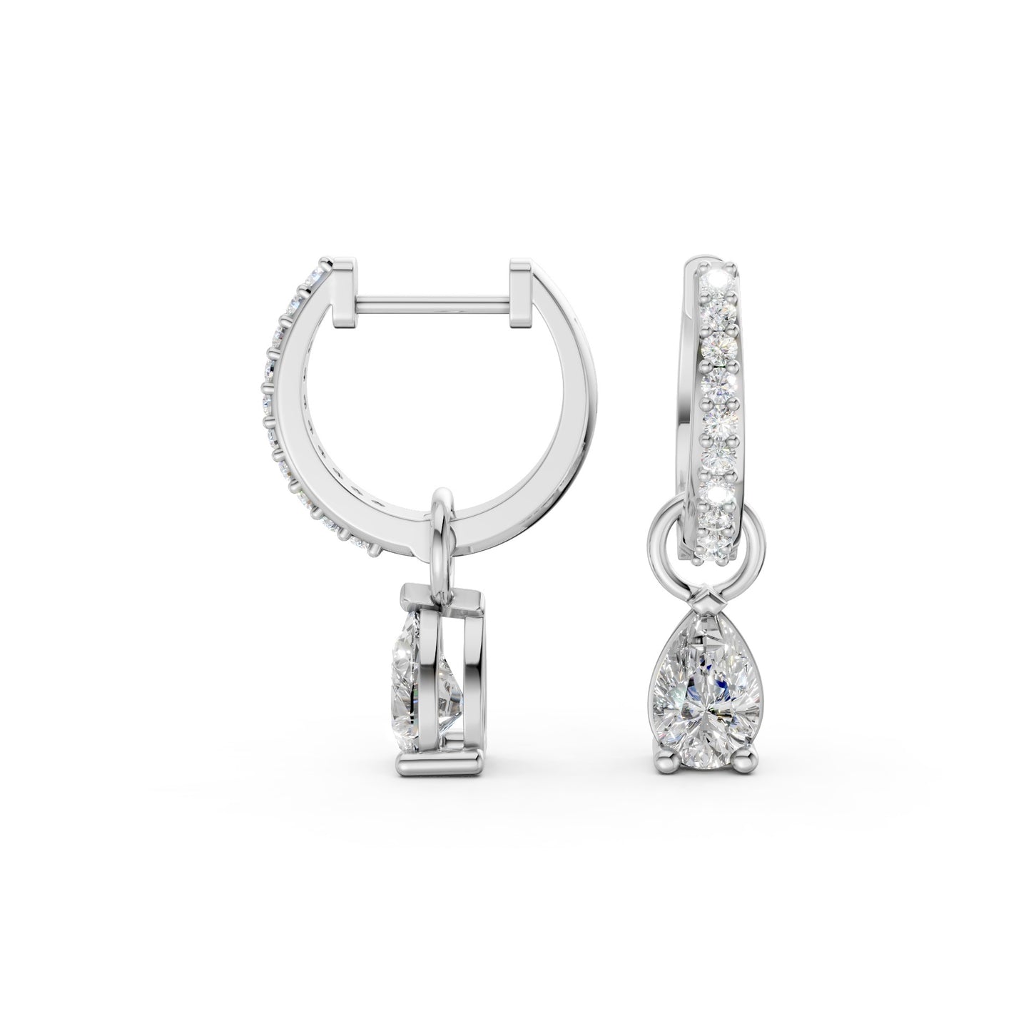 Full view of Pear Drop Huggie Earrings in 18K white gold with 0.50 ct lab-grown diamonds, displaying the complete refined hoop and pear drop design against a white background.