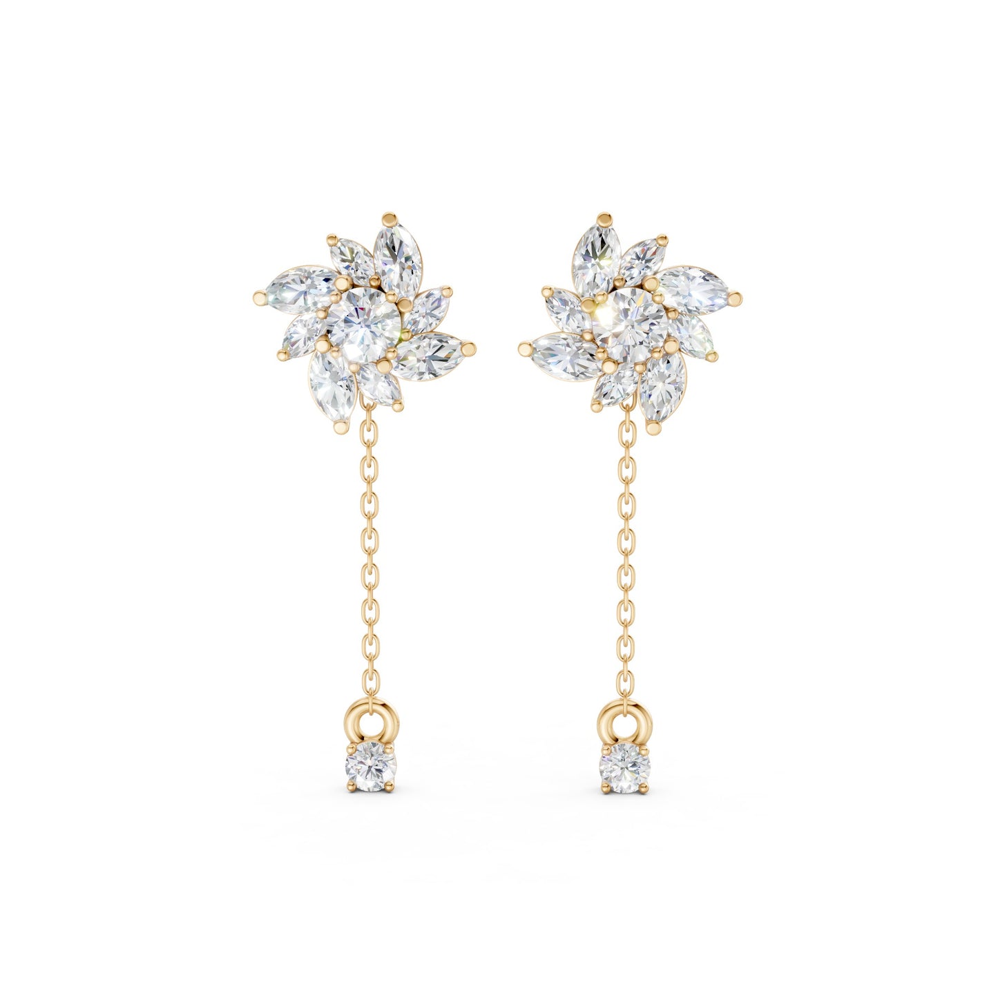 Front view of Floral Drop Earrings in 18K yellow gold, showcasing 1.85 ct petal-shaped diamonds with a bold, radiant sparkle in a floral-inspired setting.