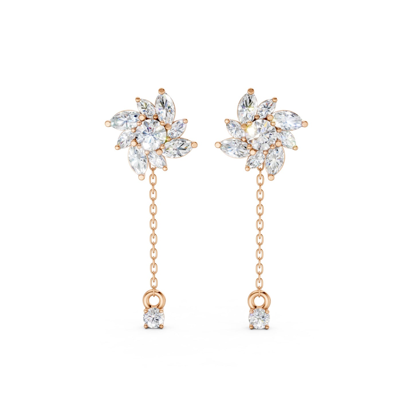 Front view of Floral Drop Earrings in 18K rose gold, highlighting 1.85 ct petal-shaped diamonds with a soft, romantic sparkle in a floral-inspired setting.