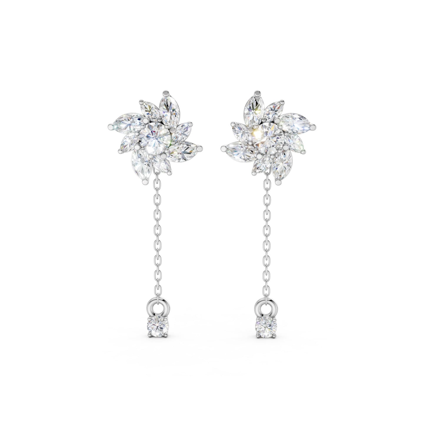 Front view of Floral Drop Earrings in 18K white gold, highlighting 1.85 ct petal-shaped diamonds with a crisp, radiant sparkle in a floral-inspired setting.