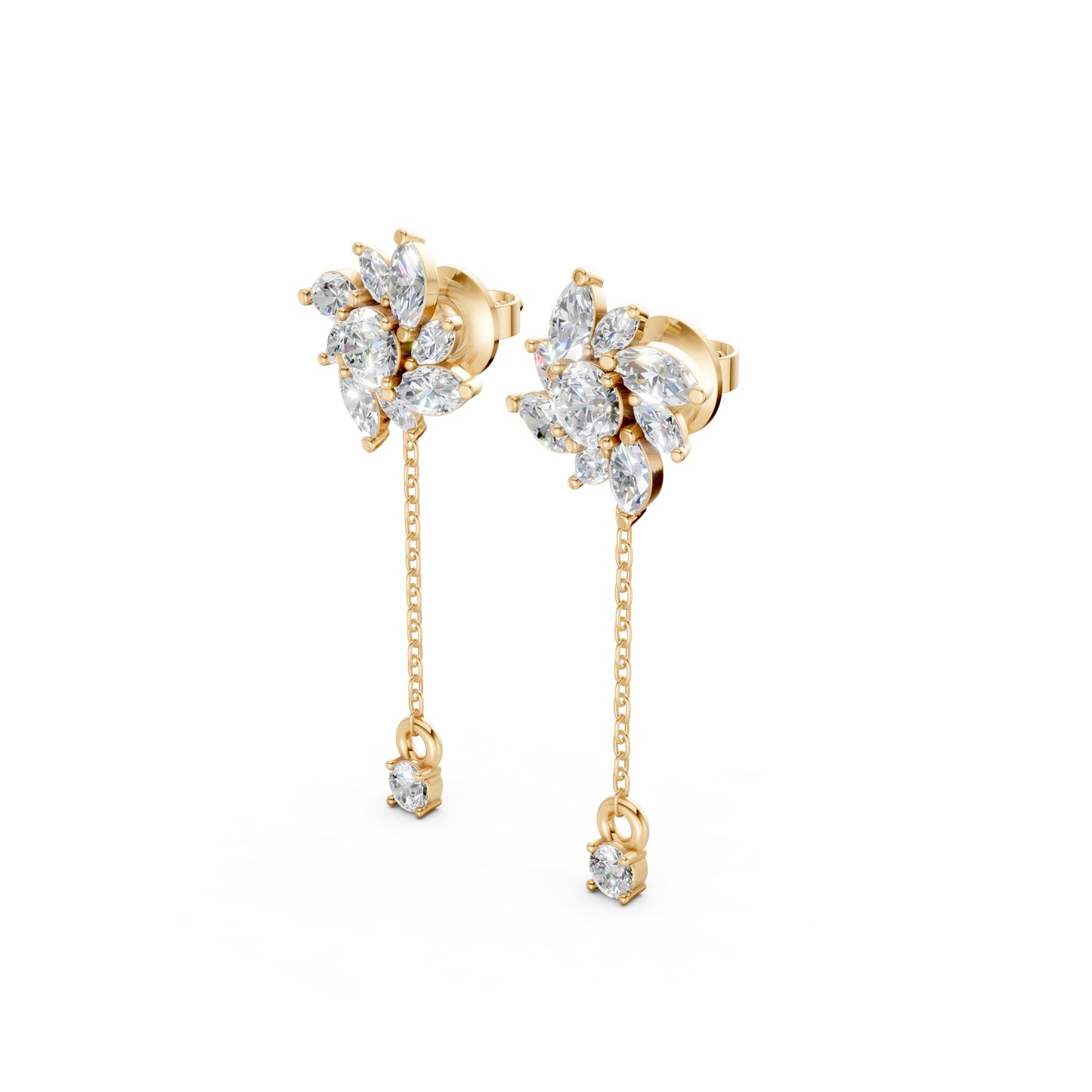 Side view of Floral Drop Earrings in 18K yellow gold, highlighting the elegant drop silhouette with 1.85 ct petal-shaped diamonds and the warm yellow gold finish.