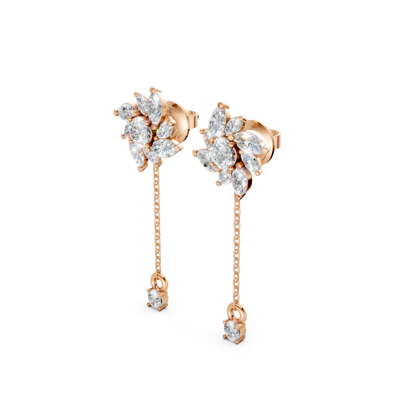Side view of Floral Drop Earrings in 18K rose gold, displaying the elegant drop design with 1.85 ct petal-shaped diamonds and the sleek rose gold profile.
