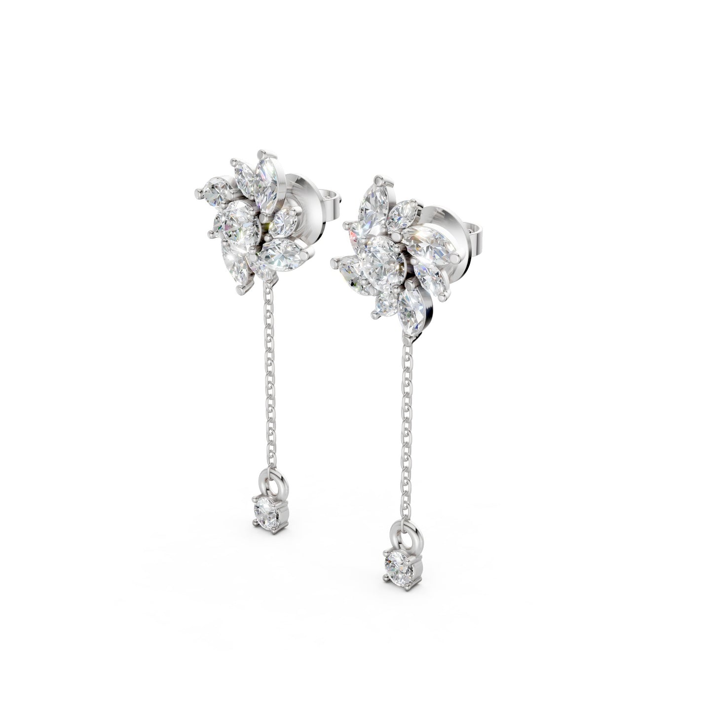Side view of Floral Drop Earrings in 18K white gold, displaying the sleek drop design with 1.85 ct petal-shaped diamonds and the polished white gold profile.