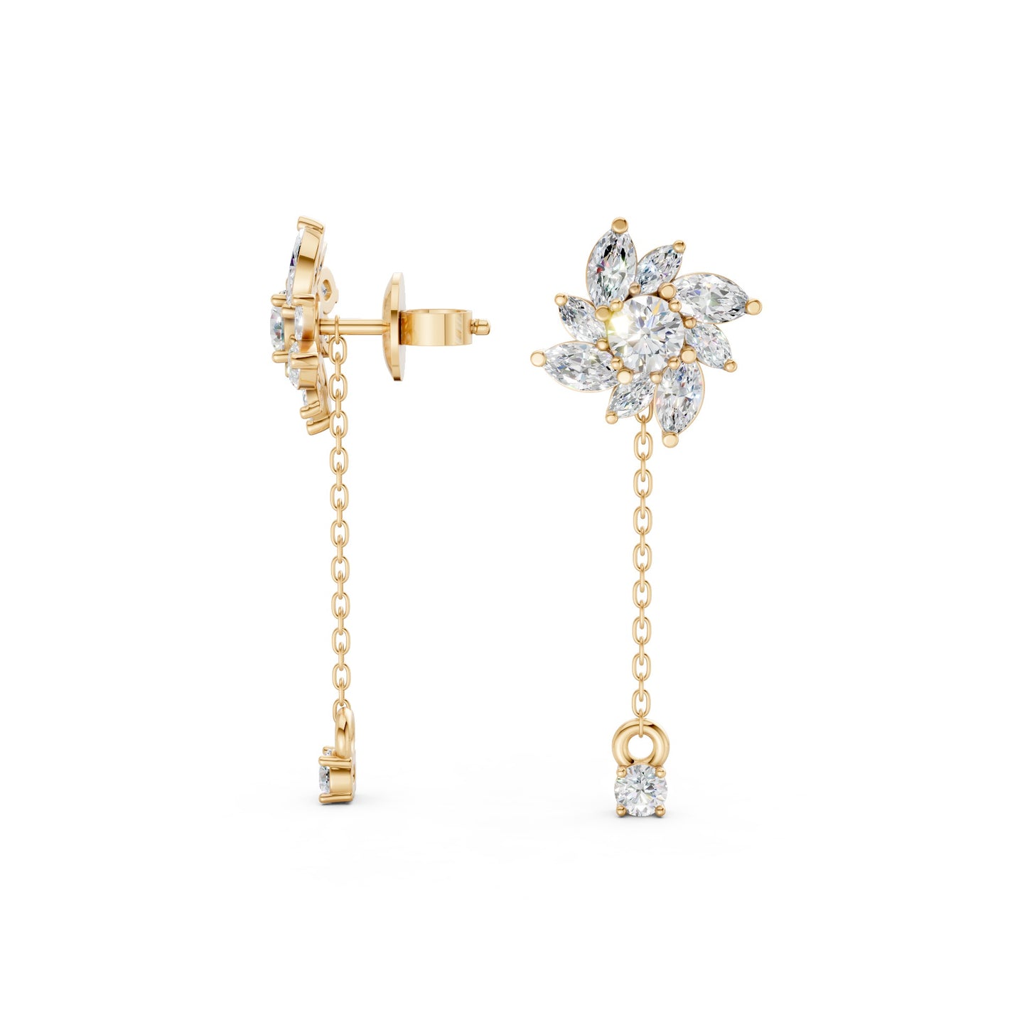 Floral Drop Earrings in 18K yellow gold with 1.85 ct petal-shaped diamonds, presenting a full view of the vibrant floral design and rich golden shine on a white background.