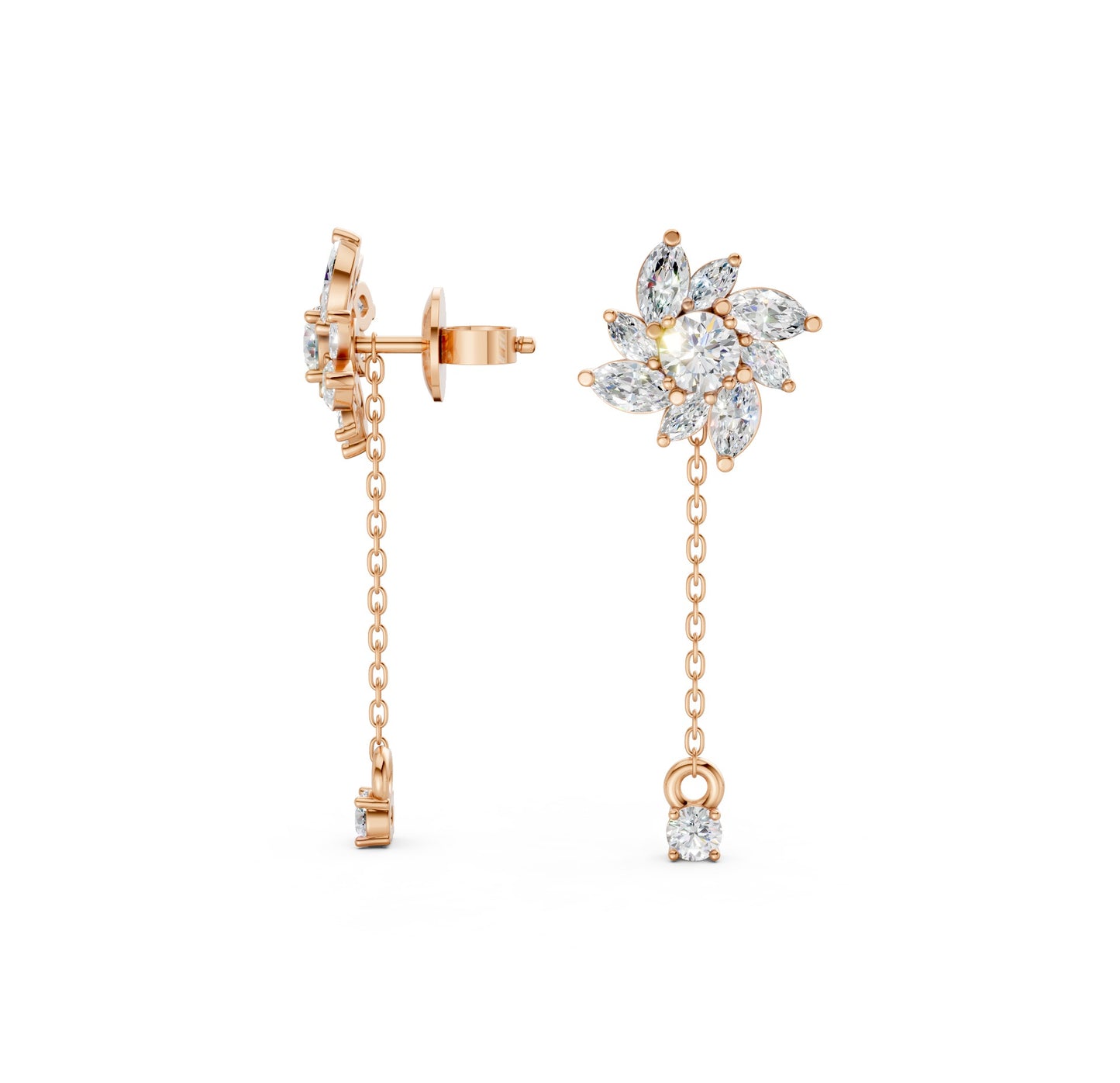 Floral Drop Earrings in 18K rose gold with 1.85 ct petal-shaped diamonds, showcasing a full view of the delicate floral design and warm pinkish hue against a clean white background.