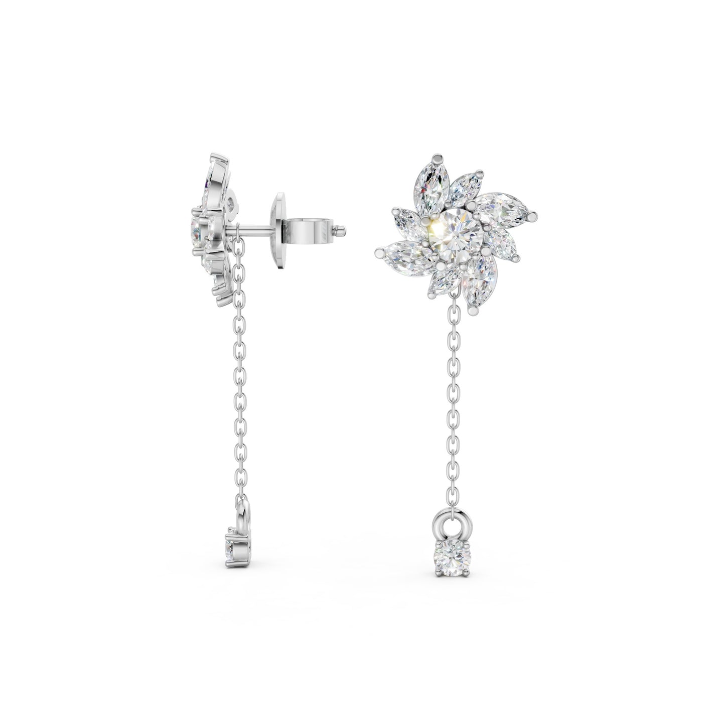Floral Drop Earrings in 18K white gold with 1.85 ct petal-shaped diamonds, showcasing a full view of the elegant floral design and cool, silvery shine against a minimalist background.