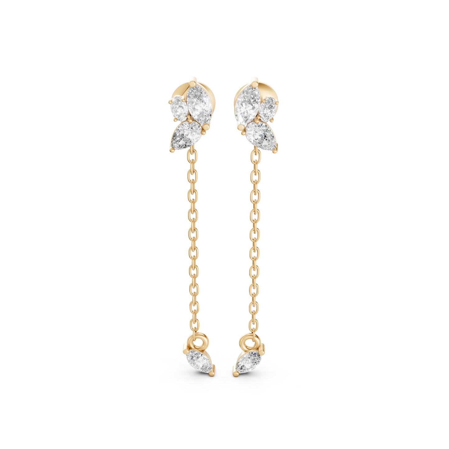 Front view of Marquise Drop Chain Earrings in 14k yellow gold, featuring lab-grown diamonds in marquise, pear, and oval cuts with a chain drop.