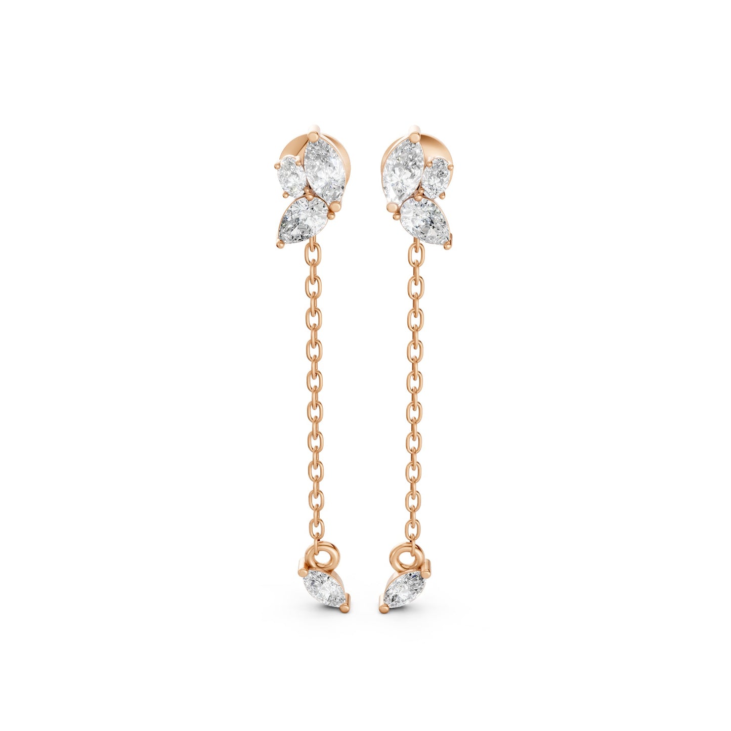 Front view of Marquise Drop Chain Earrings in 14k rose gold, with lab-grown marquise, pear, and oval diamonds and a delicate chain.