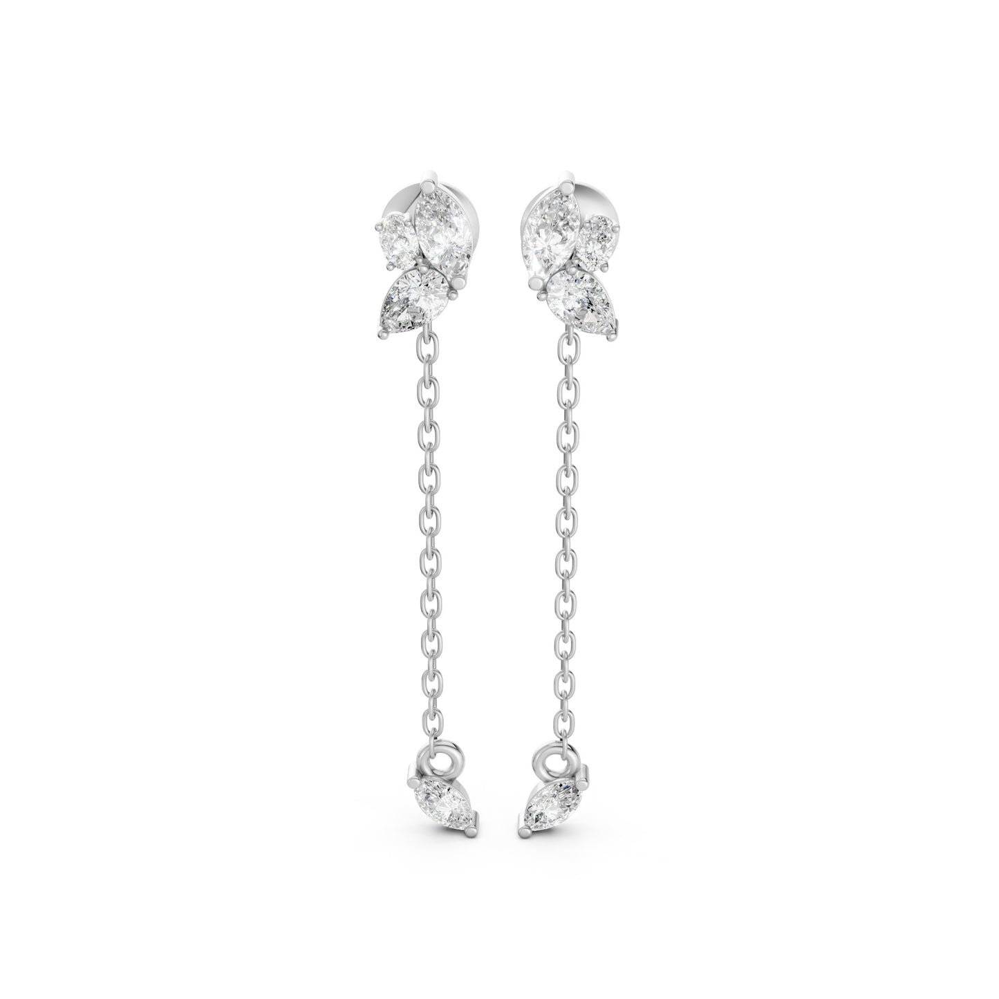 Front view of Marquise Drop Chain Earrings in 14k white gold, showcasing lab-grown marquise, pear, and oval diamonds with a delicate chain drop.