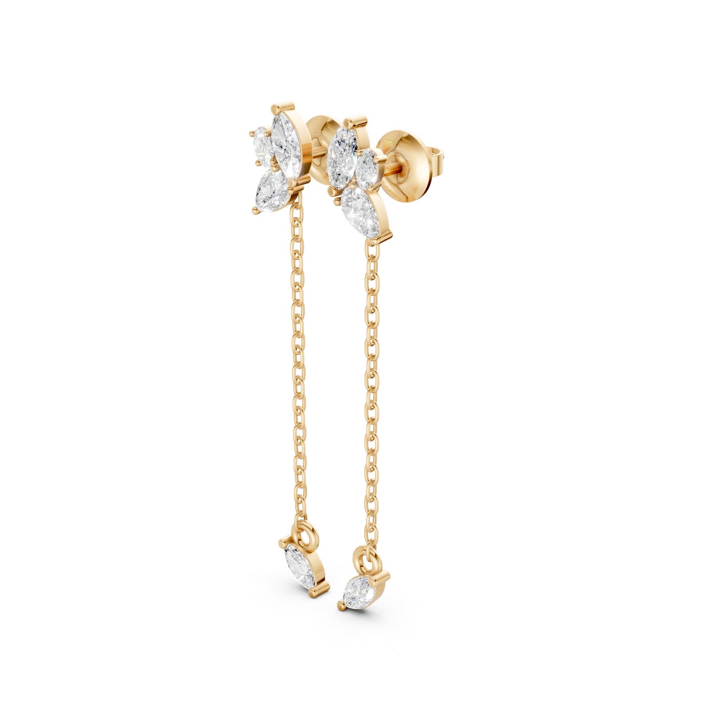 Side view of Marquise Drop Chain Earrings in 14k yellow gold, emphasizing the lightweight chain and diamond cluster design.