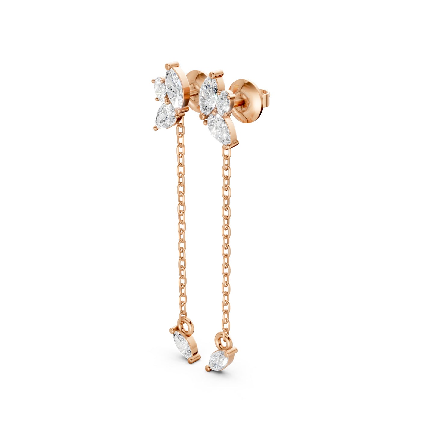 Side profile of Marquise Drop Chain Earrings in 14k rose gold, displaying the chain drop and clustered diamond arrangement.