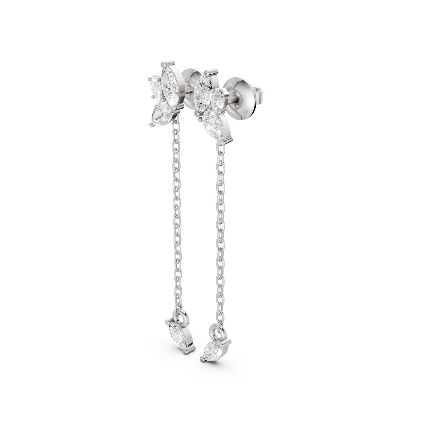 Side profile of Marquise Drop Chain Earrings in 18k white gold, highlighting the airy chain and clustered diamond trio.