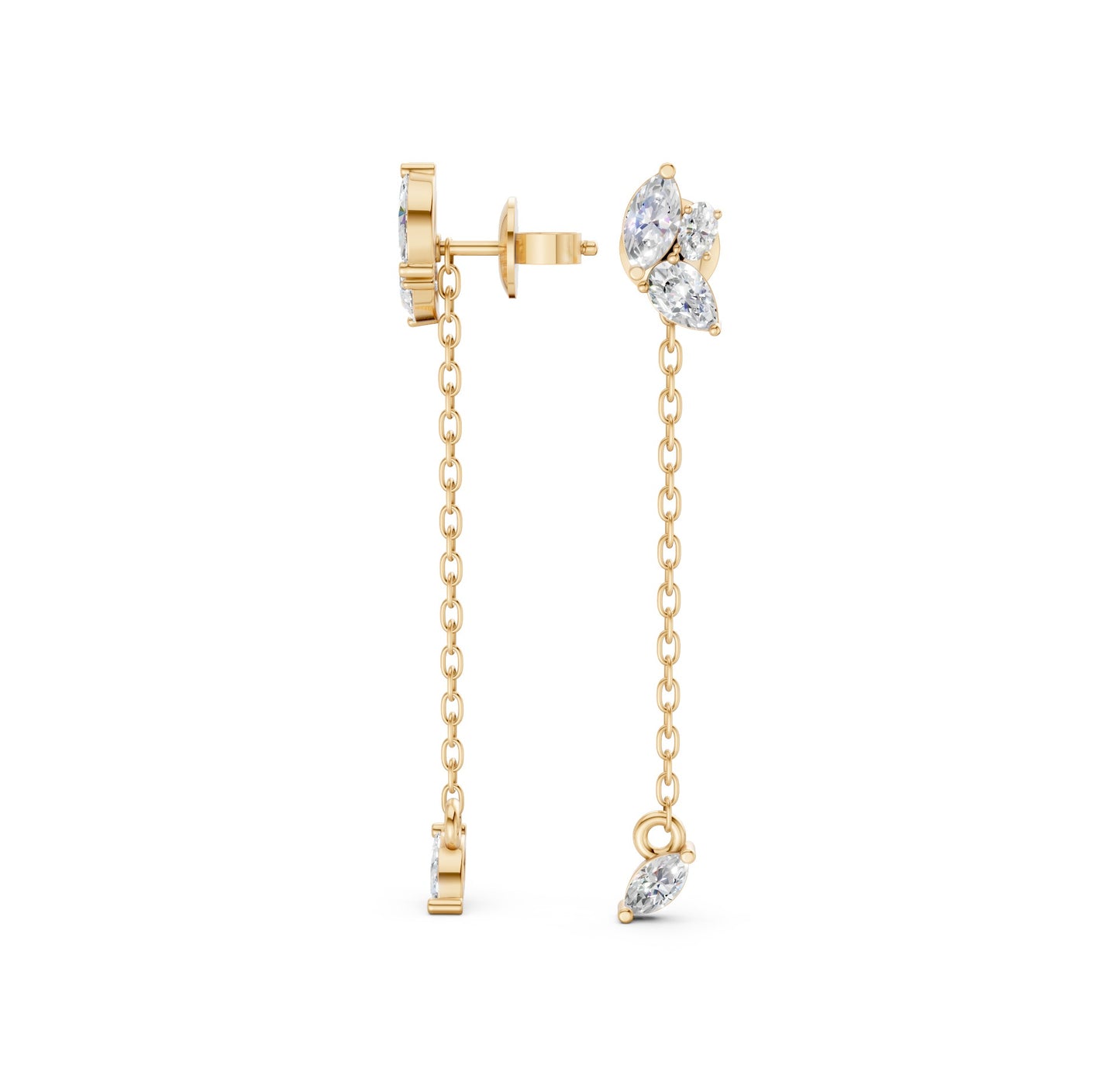 Full view of Marquise Drop Chain Earrings in 14k yellow gold, showcasing their 38.96 mm height and modern floral aesthetic.
