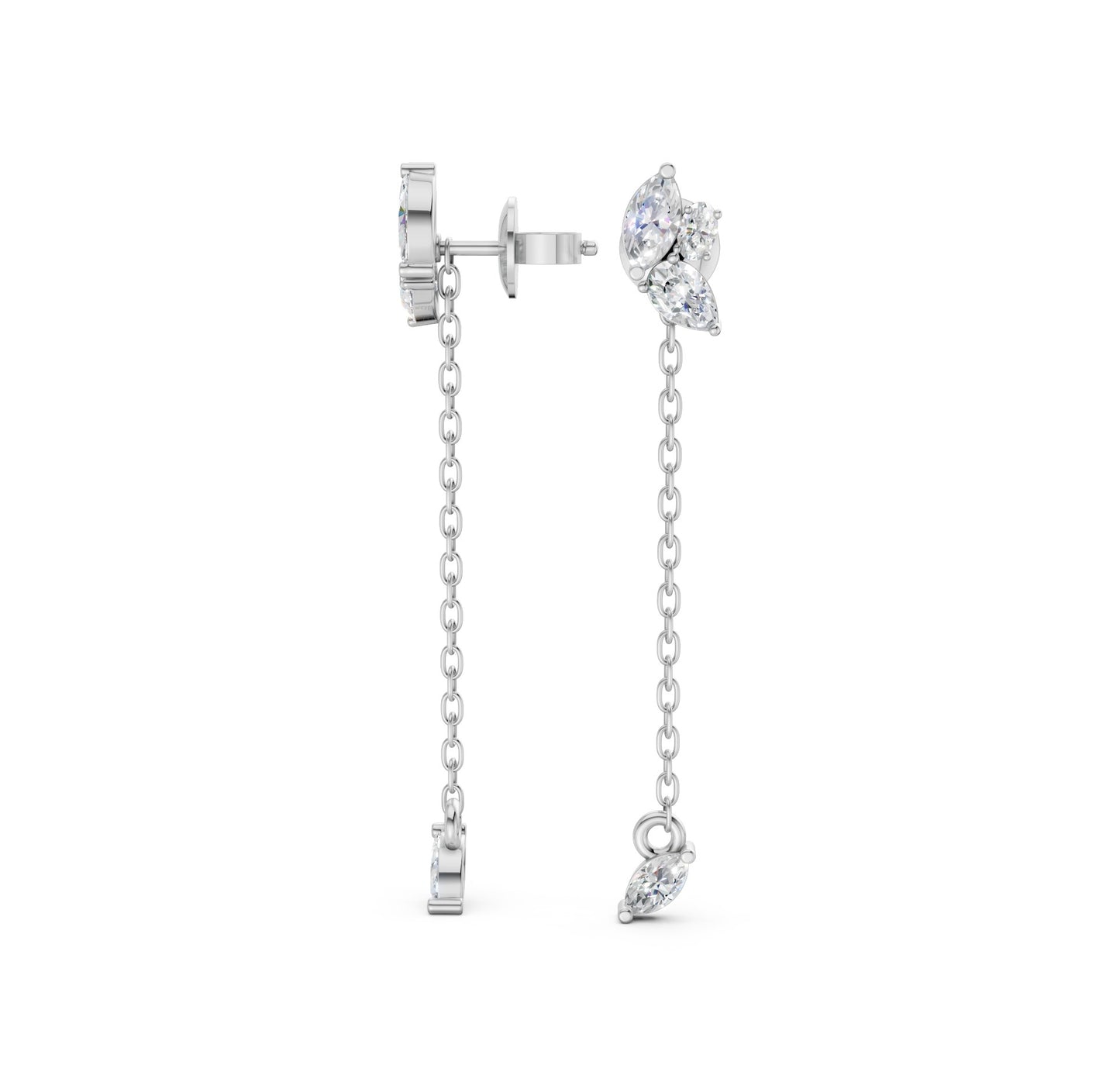 Full view of Marquise Drop Chain Earrings in 14k white gold, displaying their 38.96 mm height and floral-inspired elegance.