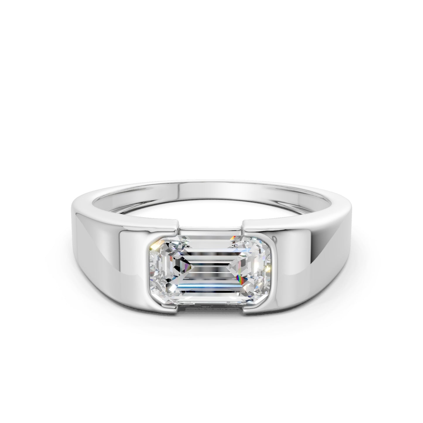 Frontal view of a 1.5 CT emerald-cut lab-grown diamond set in sleek white gold, capturing sharp edges and radiant clarity.
