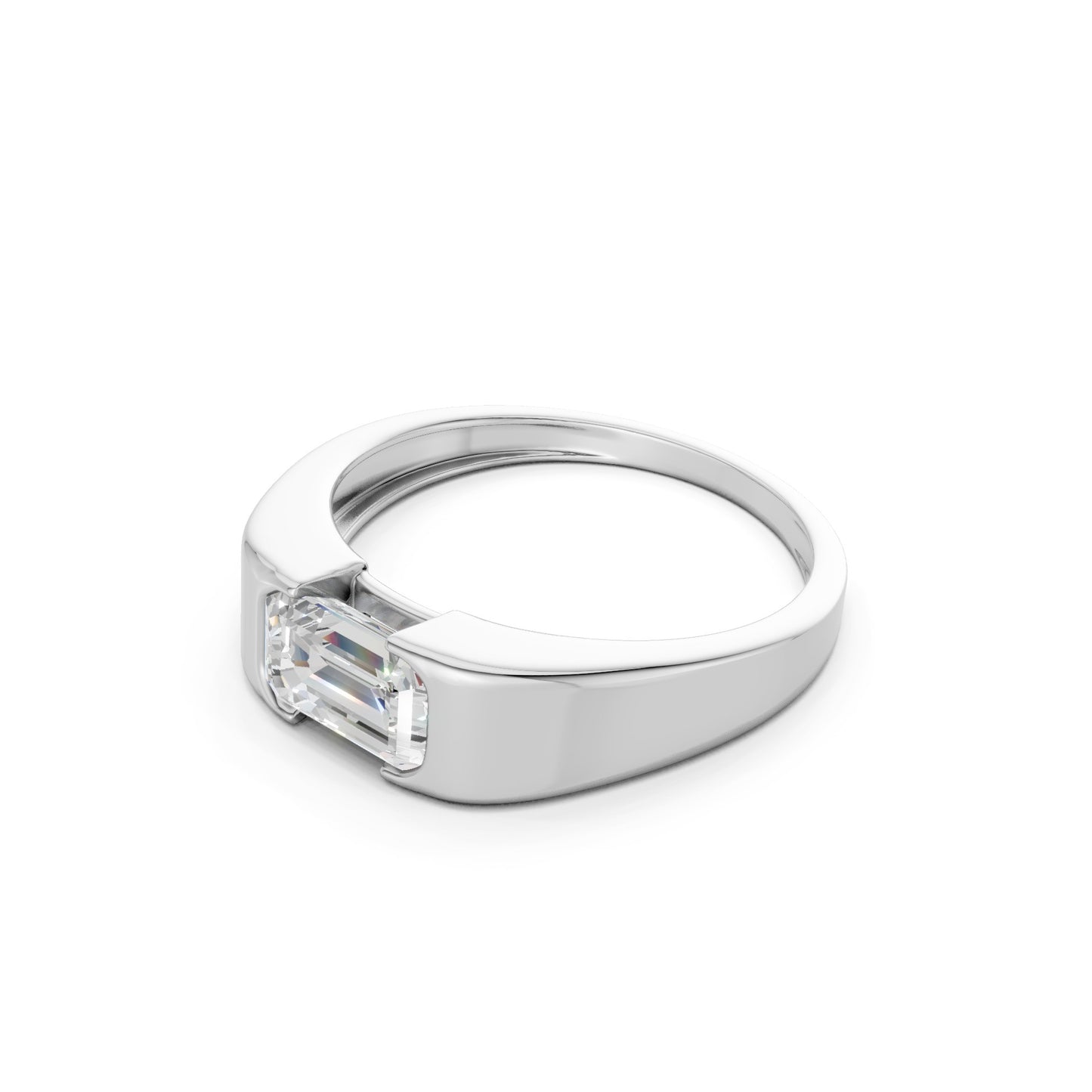 Profile shot highlighting the elegant lift of the four-prong setting and the clean curvature of the white gold band.