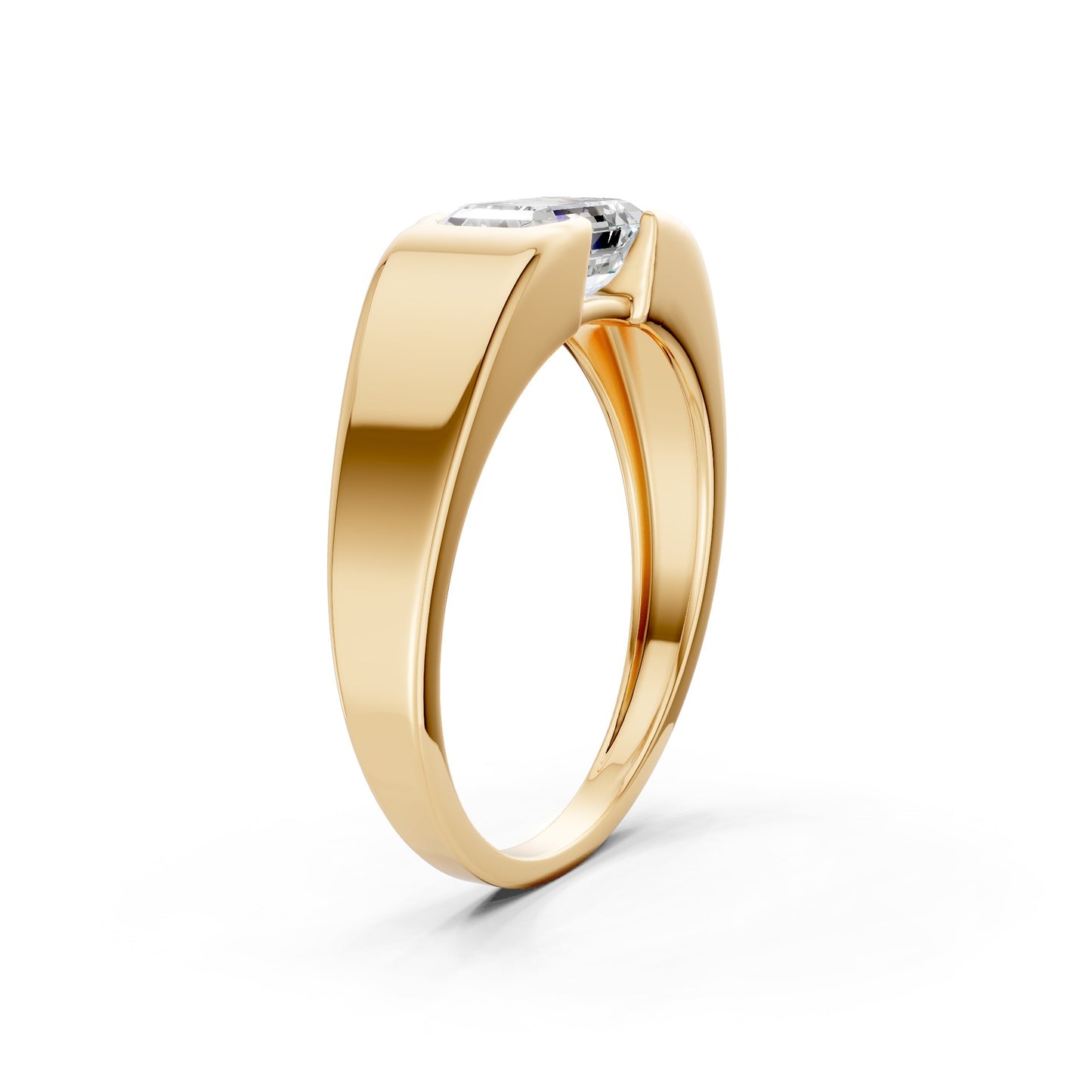 Top-down display revealing the balance between the elongated emerald cut and the smooth yellow gold silhouette.