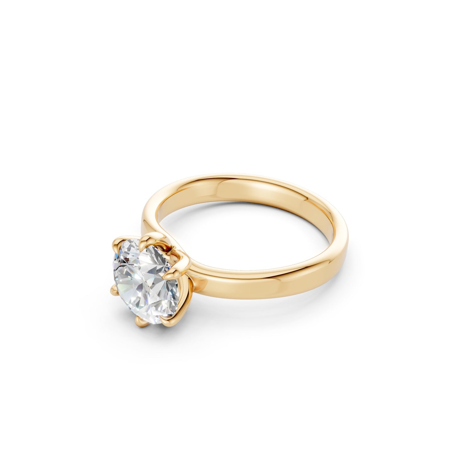 Profile shot highlighting the bold elevation of the 2.0 CT center stone and the rich tone of the yellow gold band.