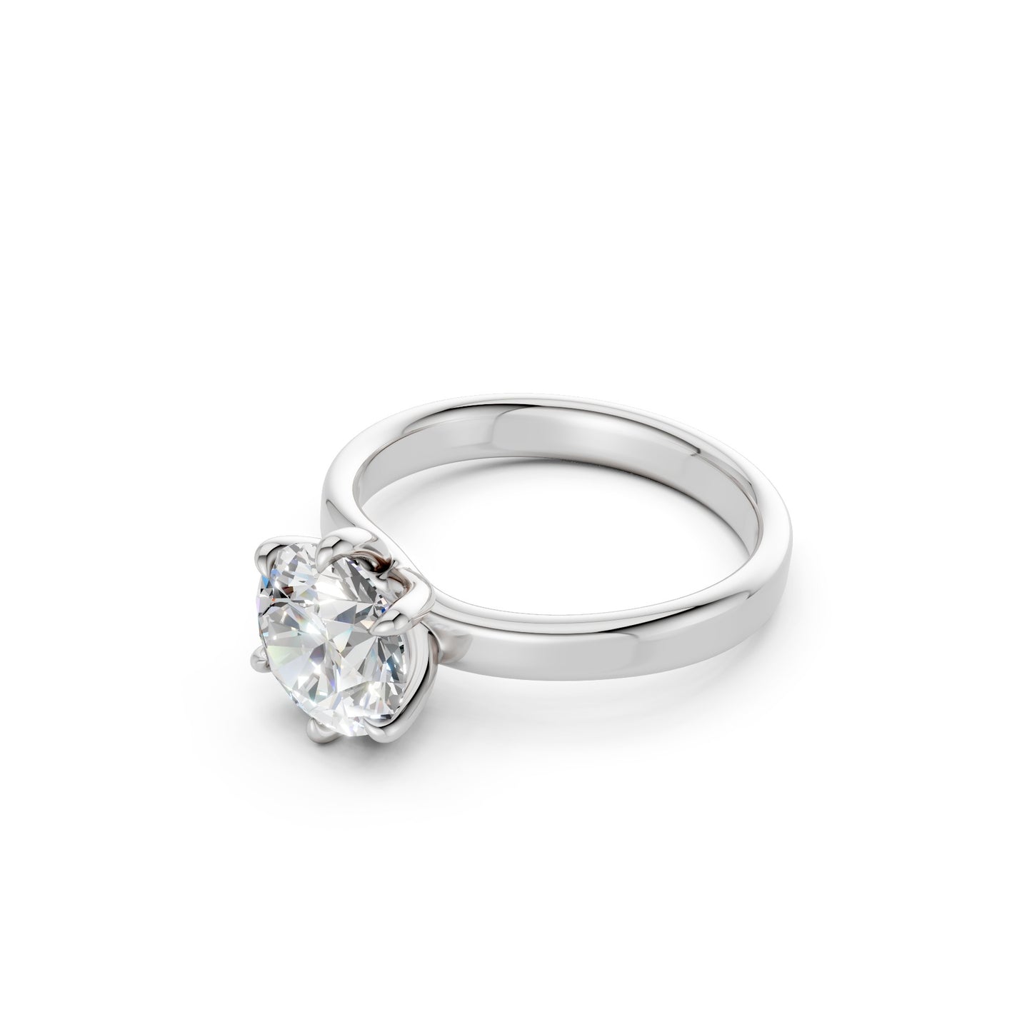Side angle showcasing the sharp lift of the solitaire and the refined contours of the polished white gold band.