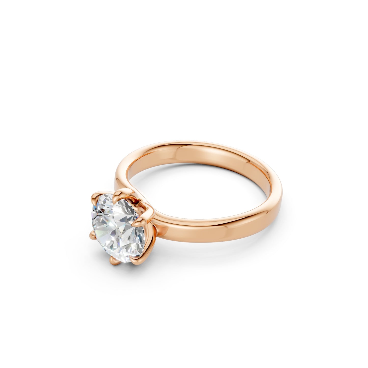 Side profile revealing the elevated four-prong setting and polished rose gold band, enhancing the grandeur of the 2.0 CT center stone.