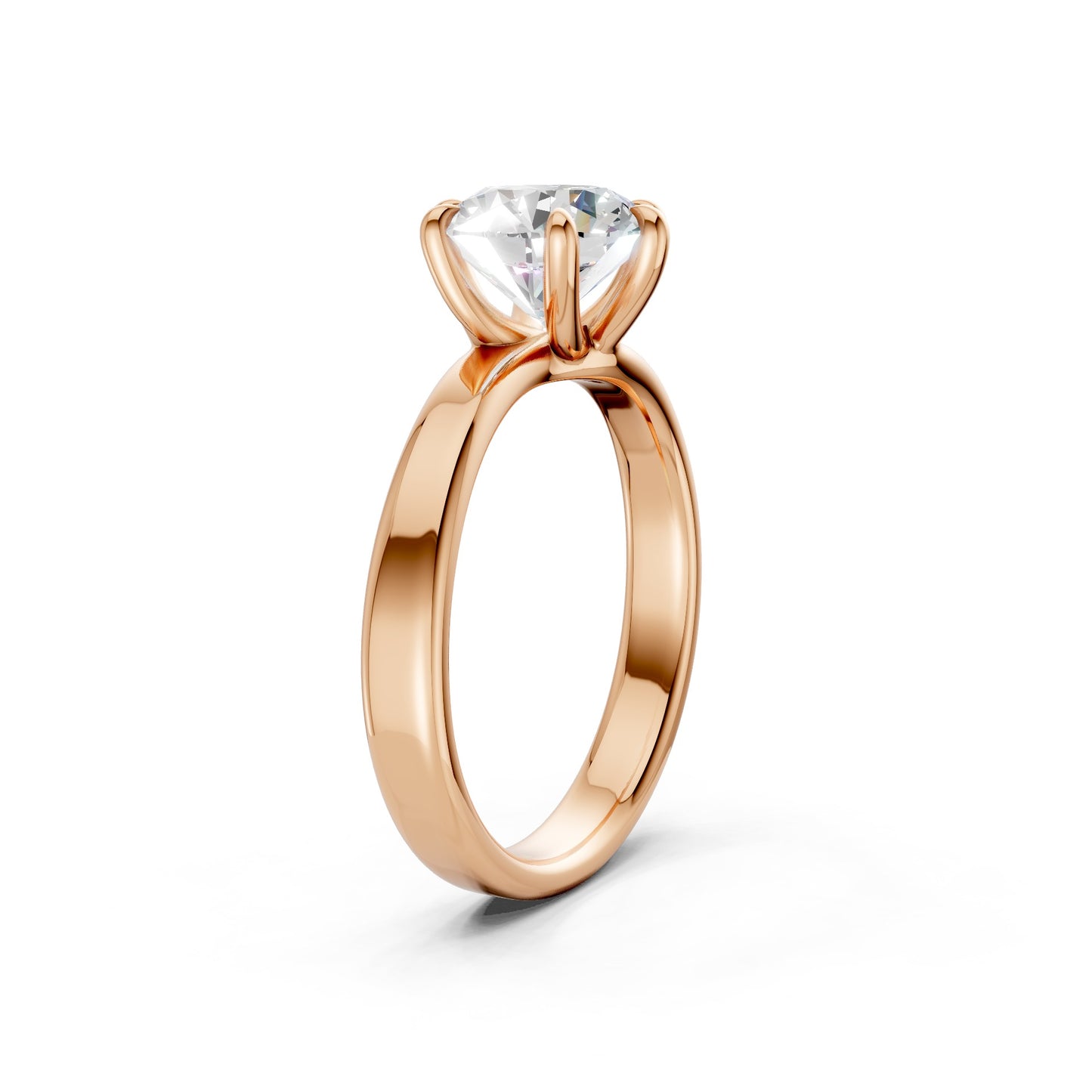 Top-down view of the ring in rose gold, showcasing perfect symmetry between the solitaire diamond and the smooth, warm-toned band.