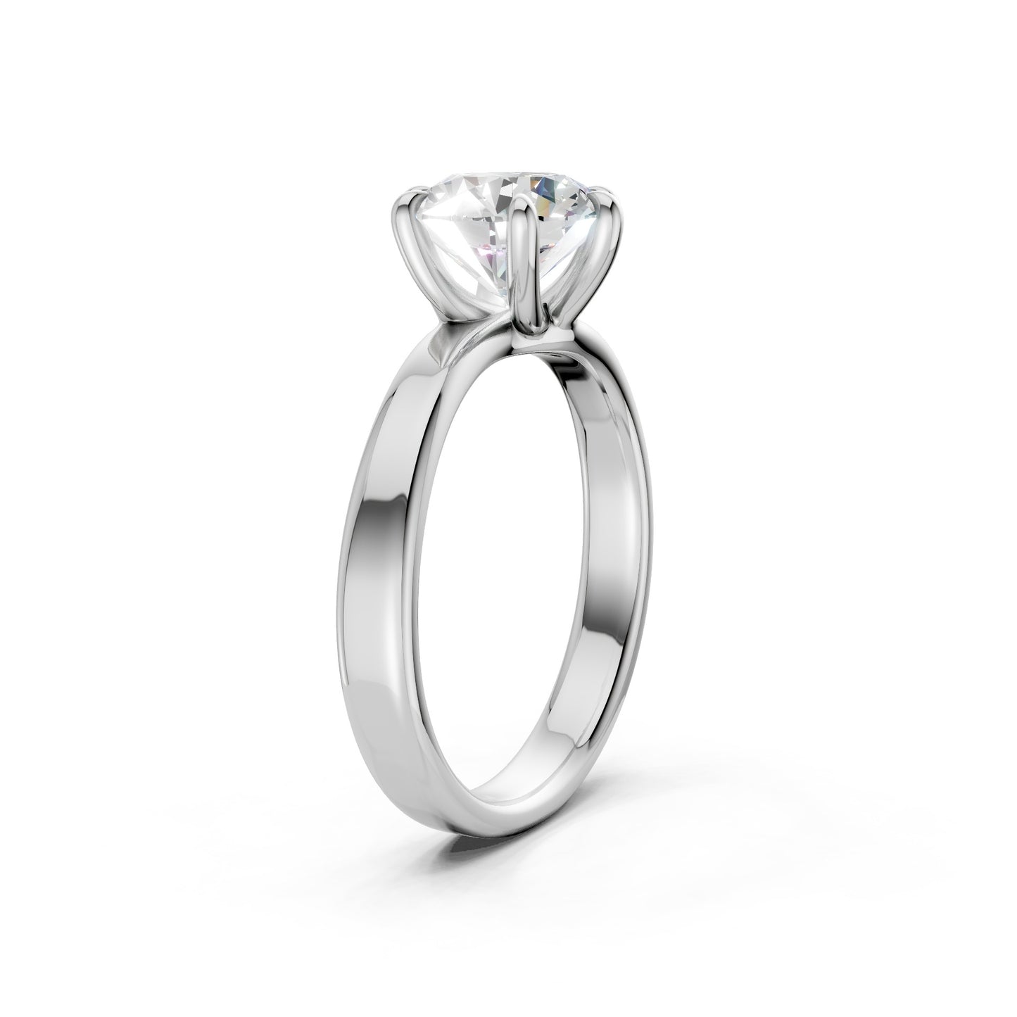 Overhead perspective of the ring, emphasizing the geometric clarity of the diamond atop a clean, lustrous white gold base.