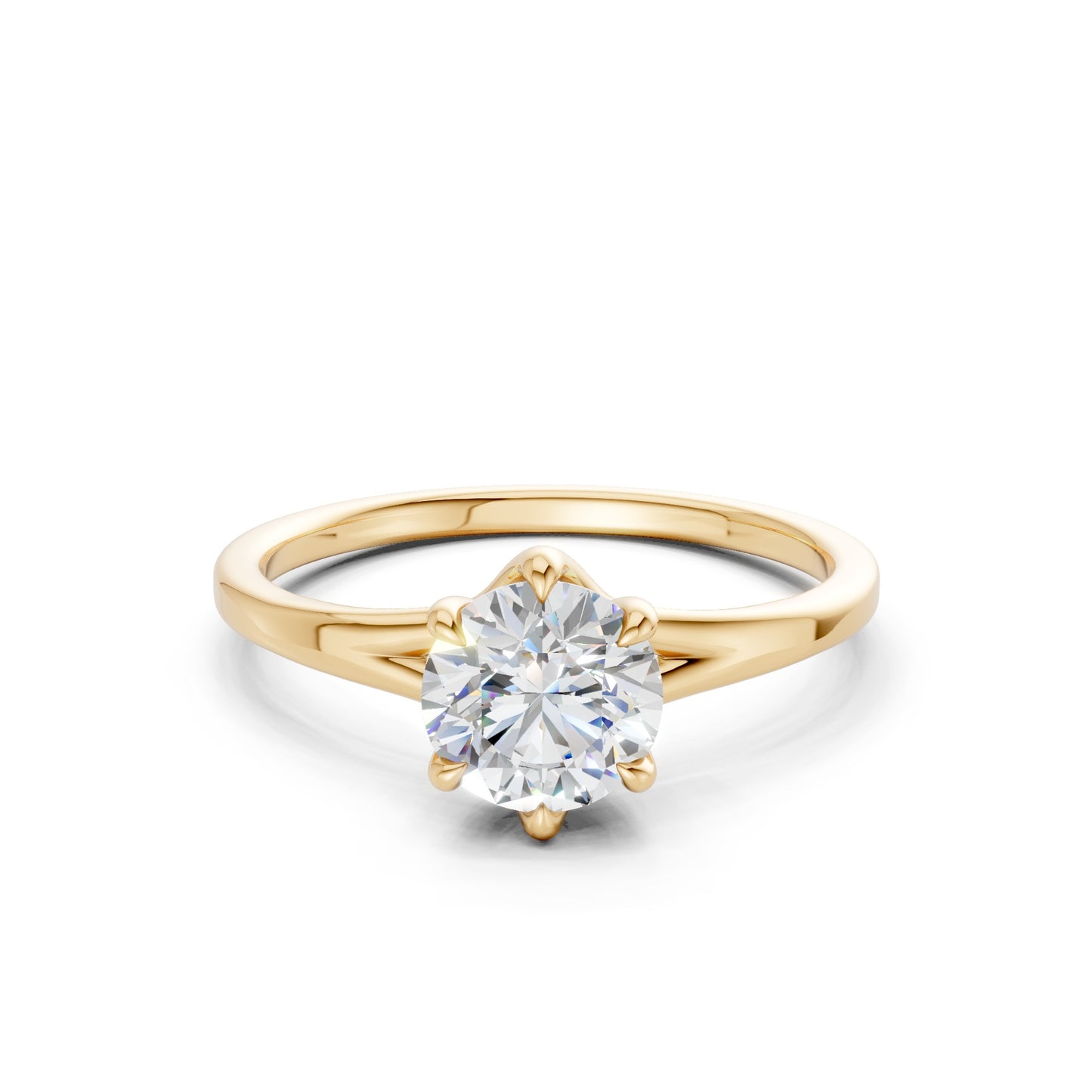 Frontal view of the Radiant Solitaire 1.0 CT Diamond Ring in yellow gold, centered with a luminous radiant-cut diamond, set in a band of rich golden warmth.